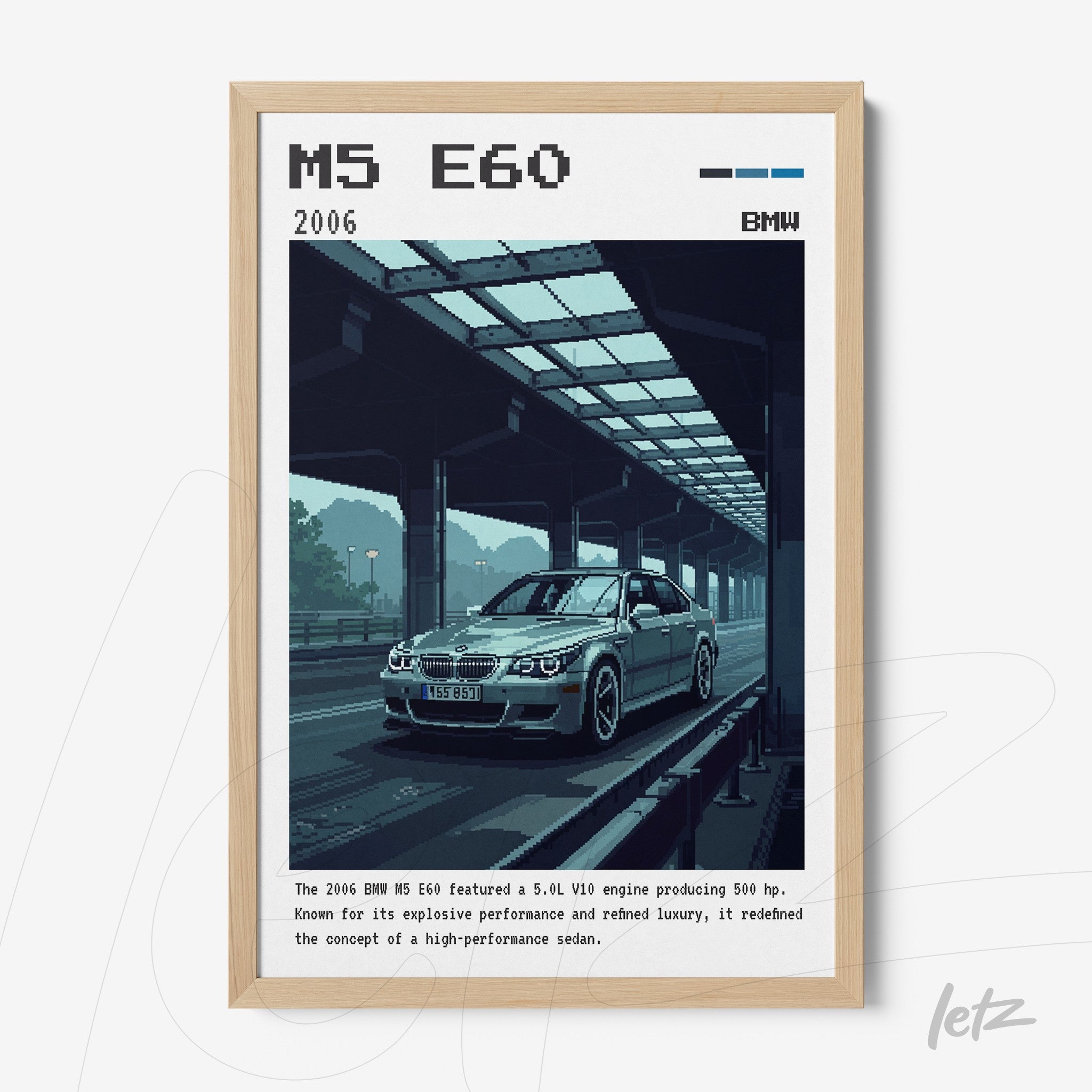 quadro com arte pixelada de um carro BMW M5 E60 sob uma ponte, moldura clara