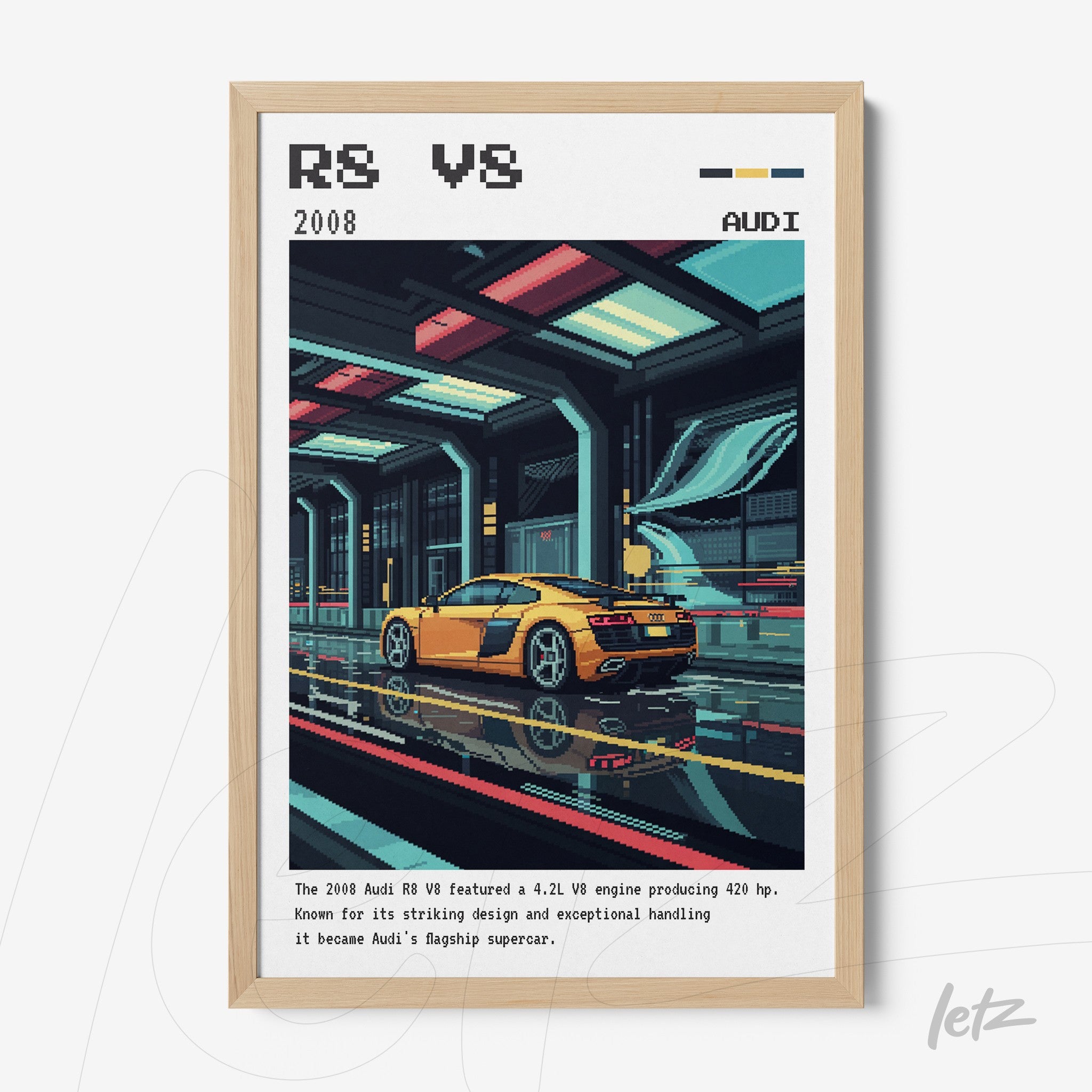 quadro com arte digital de um carro Audi R8 V8 em ambiente futurista com moldura de madeira clara
