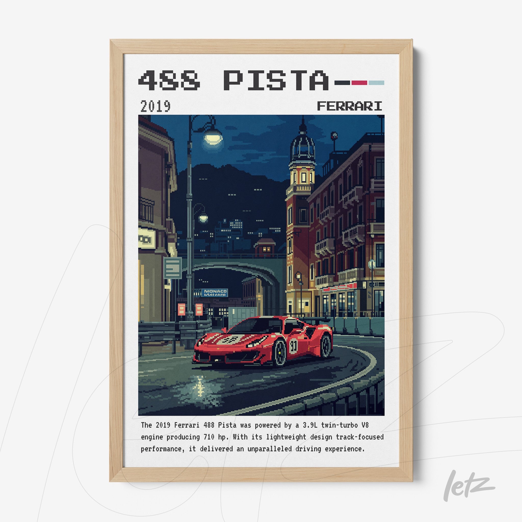 quadro com arte de carro esportivo Ferrari 488 Pista em moldura de madeira clara, com fundo noturno urbano