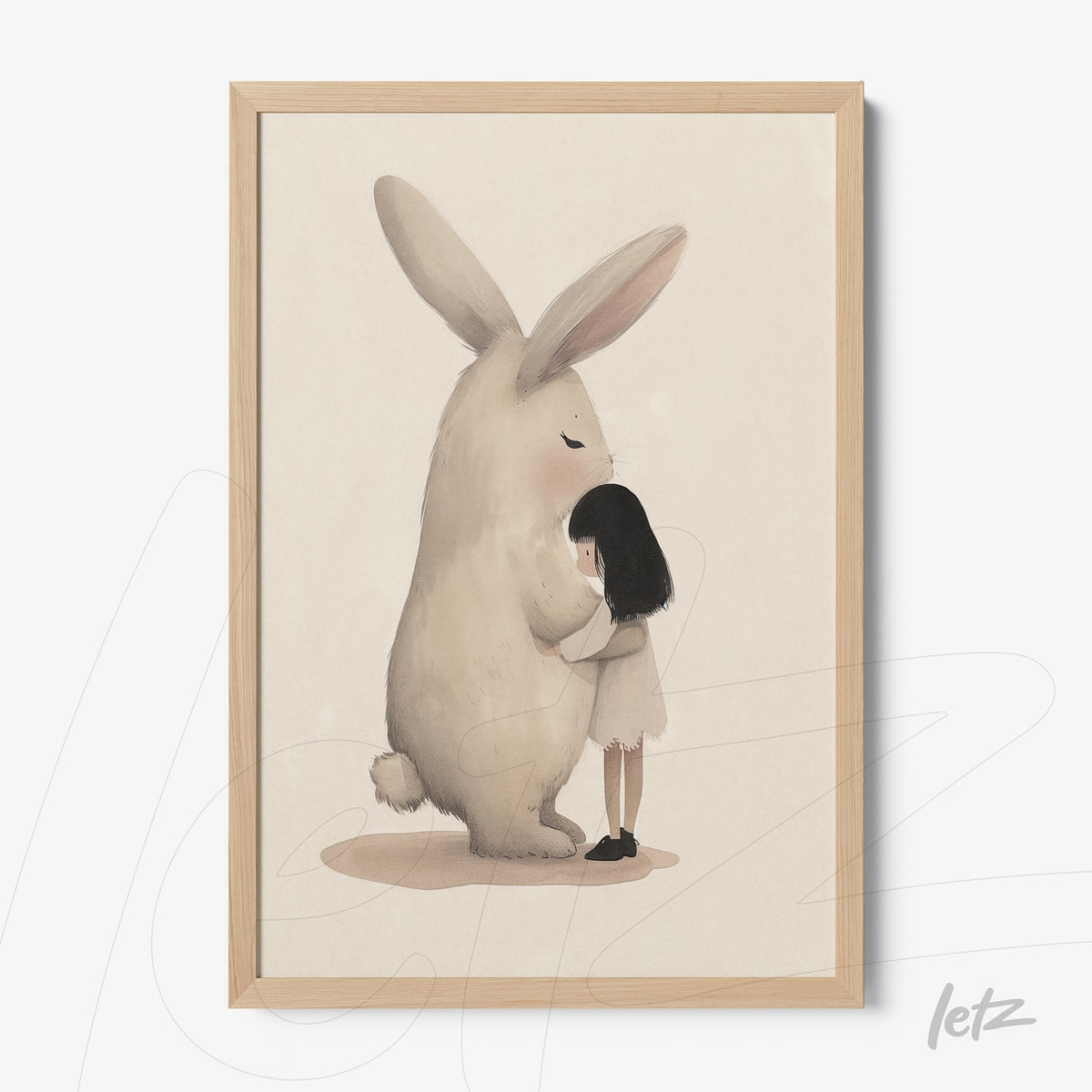 quadro com ilustração delicada de uma menina abraçando um coelho gigante em moldura de madeira clara