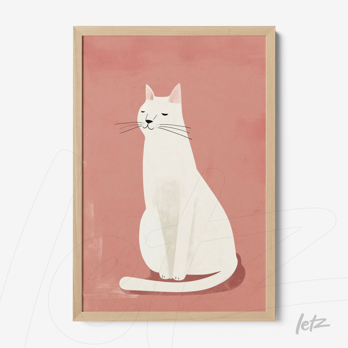 quadro com ilustração de um gato branco sobre fundo rosa em moldura de madeira clara