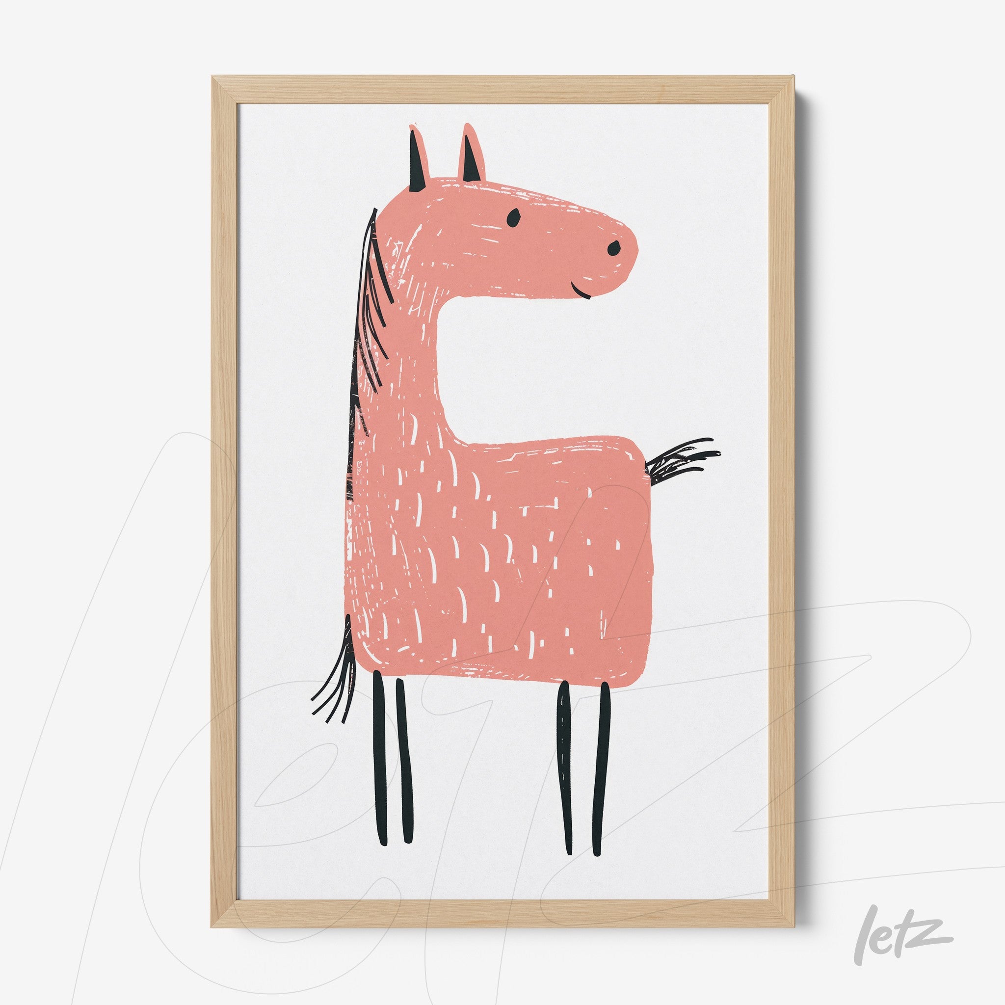 quadro com ilustração infantil de um cavalo rosa em moldura de madeira clara