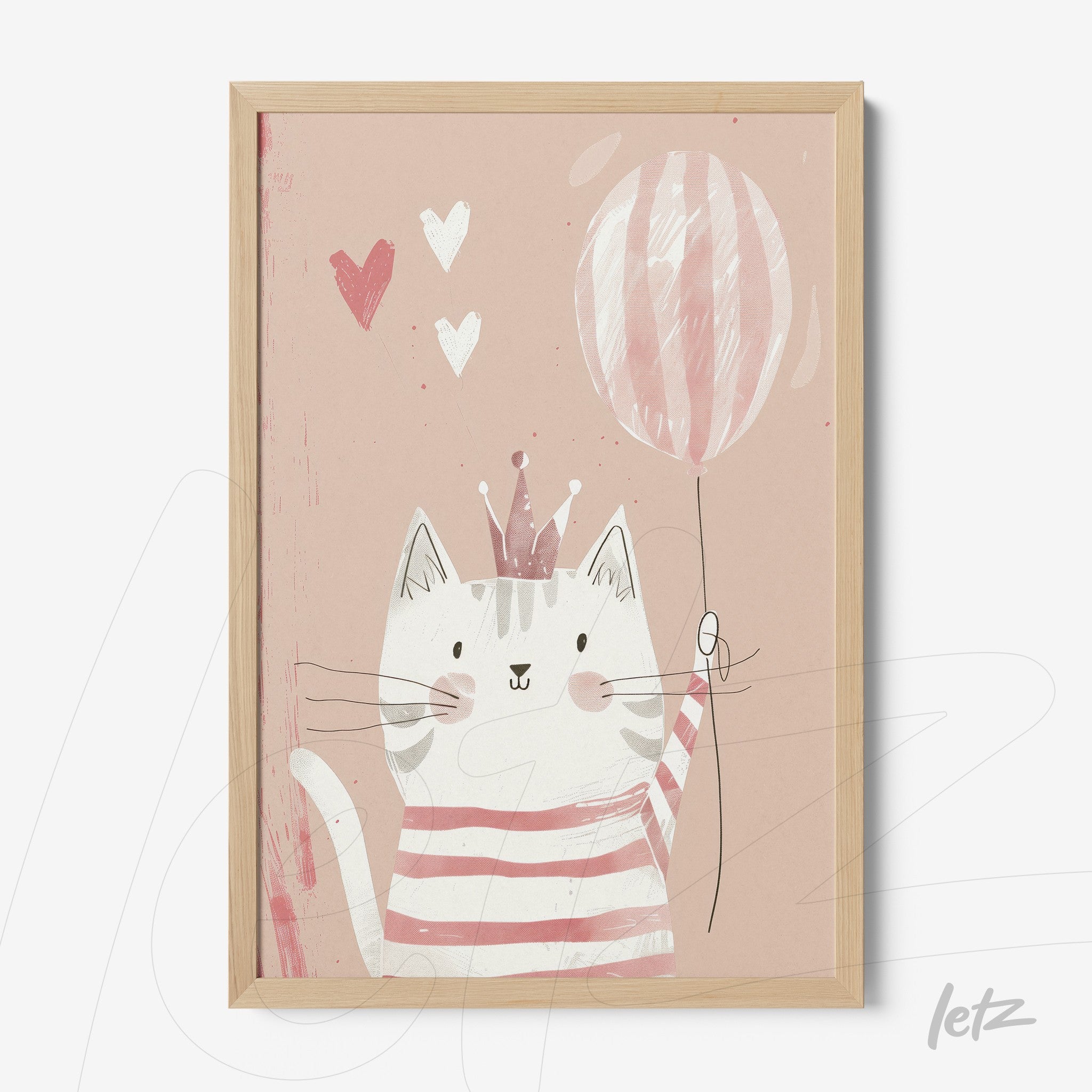 quadro com arte de gato fofo vestido com listras, segurando um balão em fundo rosa
