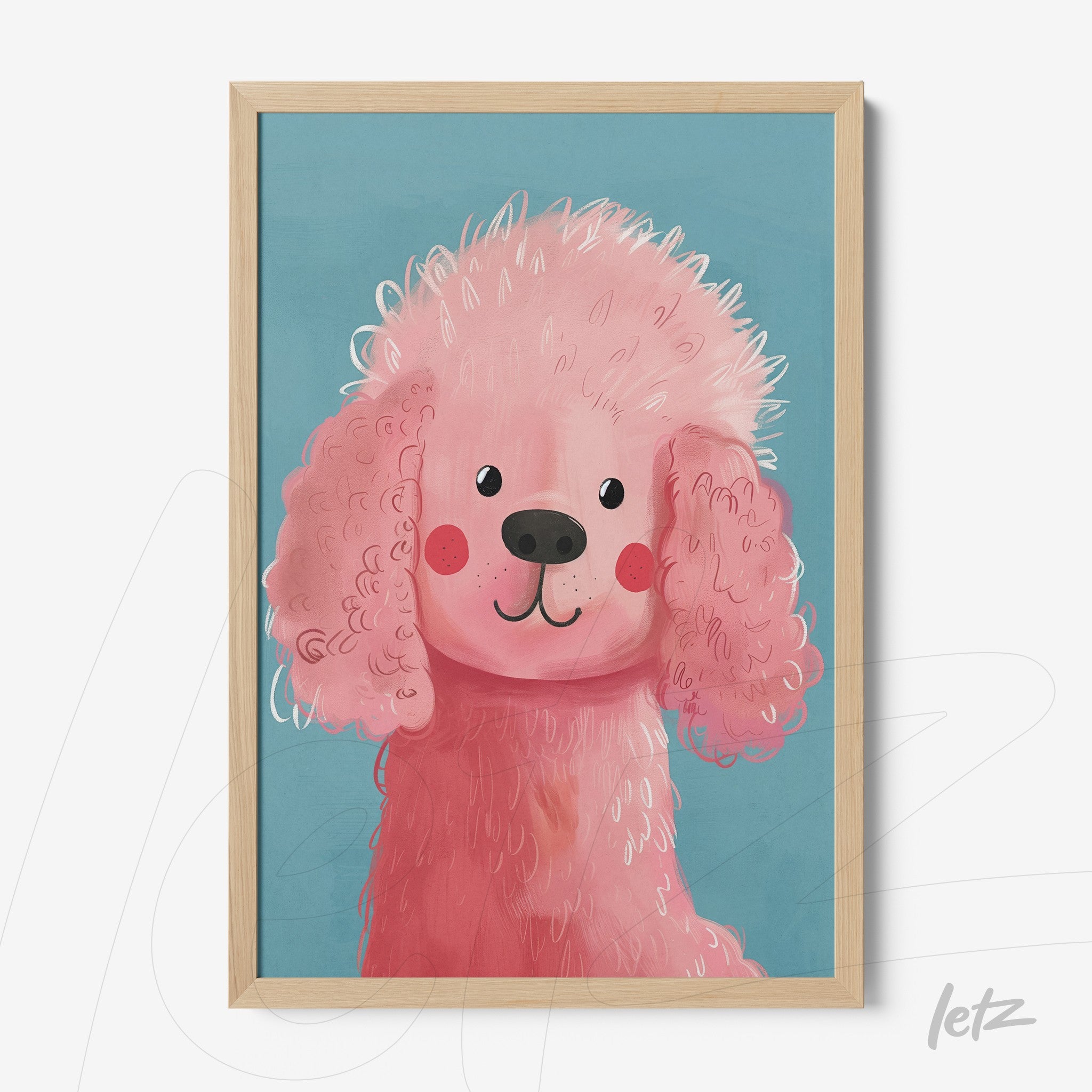 quadro com ilustração de um poodle rosa sobre fundo azul em moldura de madeira clara