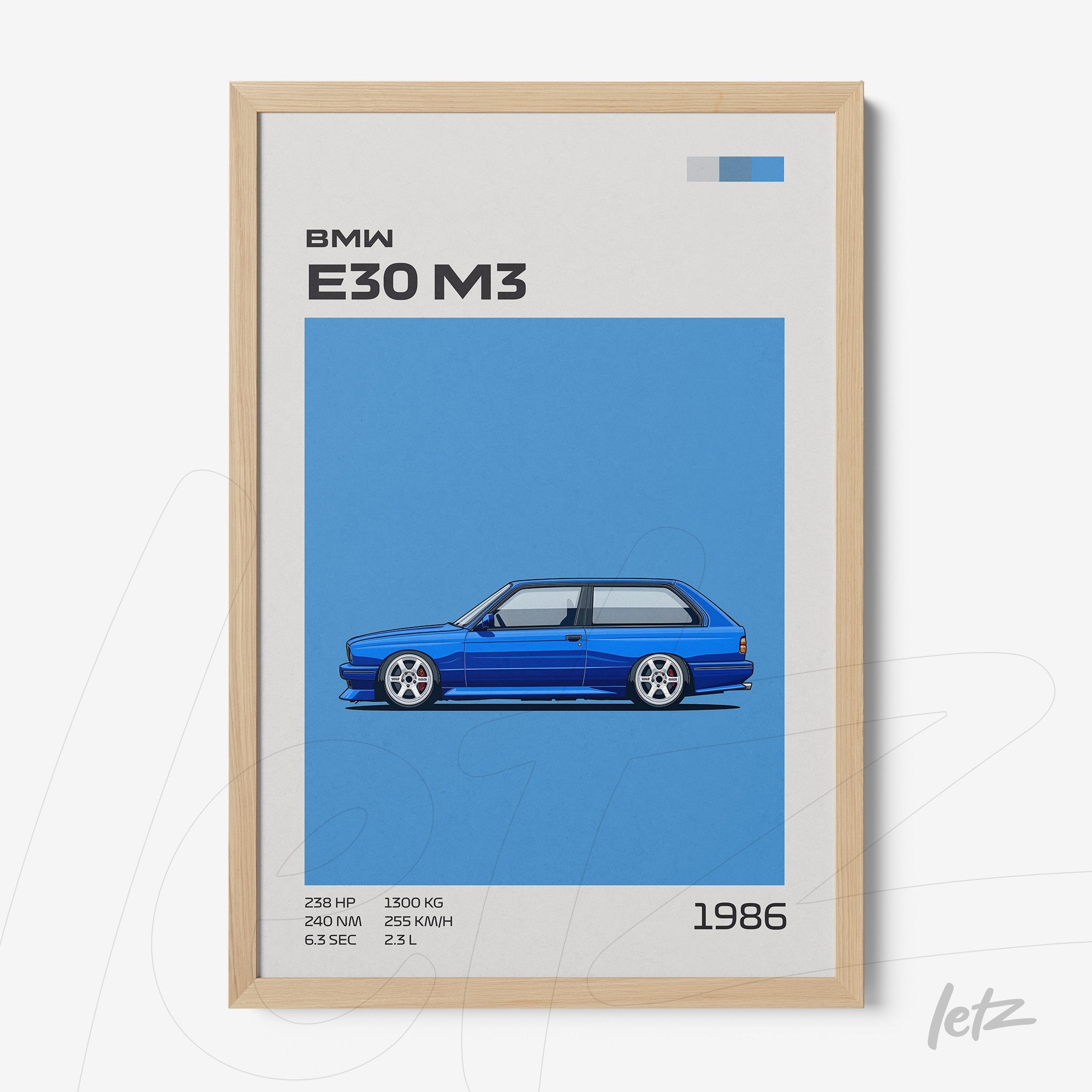 quadro com arte digital de um BMW E30 M3 na cor azul sobre um fundo azul, moldura de madeira clara