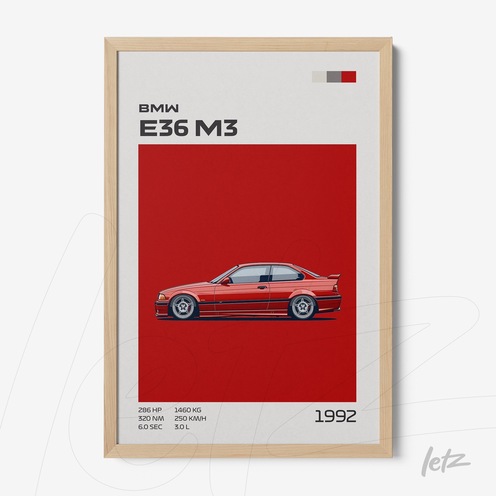 quadro com ilustração de um carro BMW E36 M3 em fundo vermelho, moldura de madeira clara e texto informativo ao lado