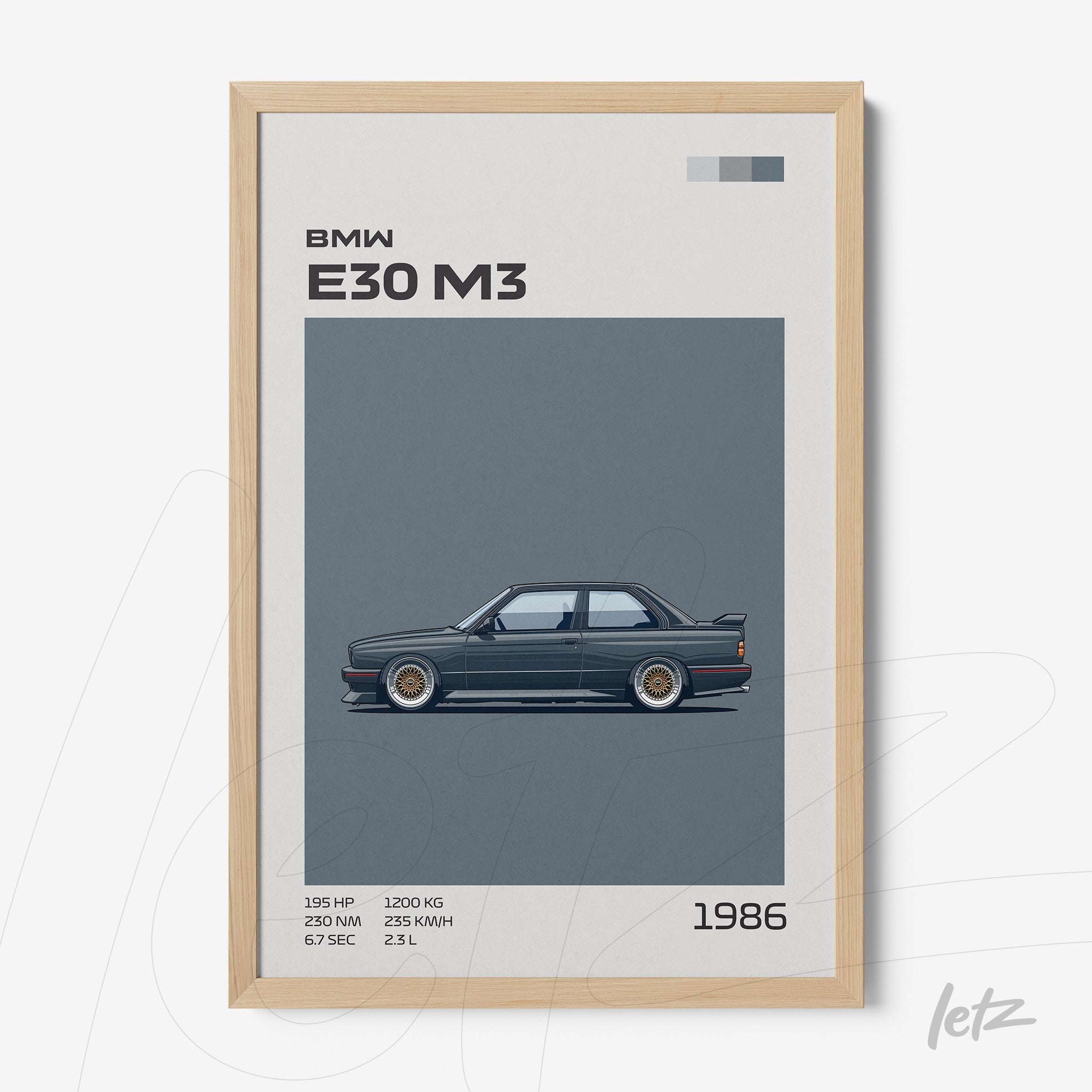 quadro com ilustração do carro BMW E30 M3 em moldura de madeira clara