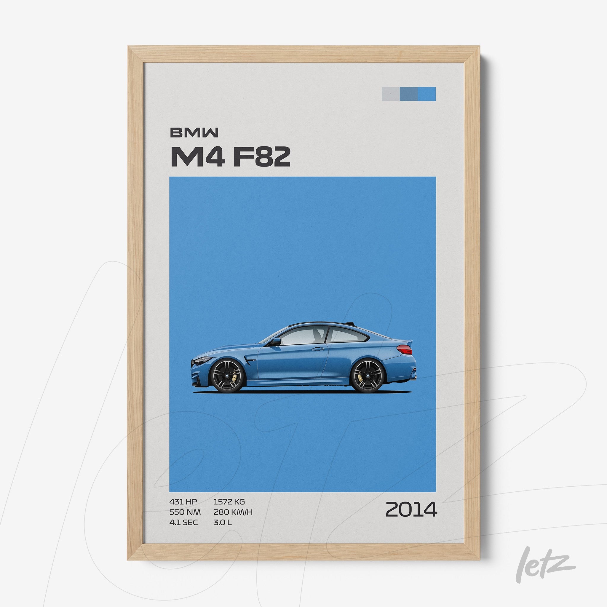 quadro com design gráfico do carro BMW M4 F82 em moldura clara com fundo azul