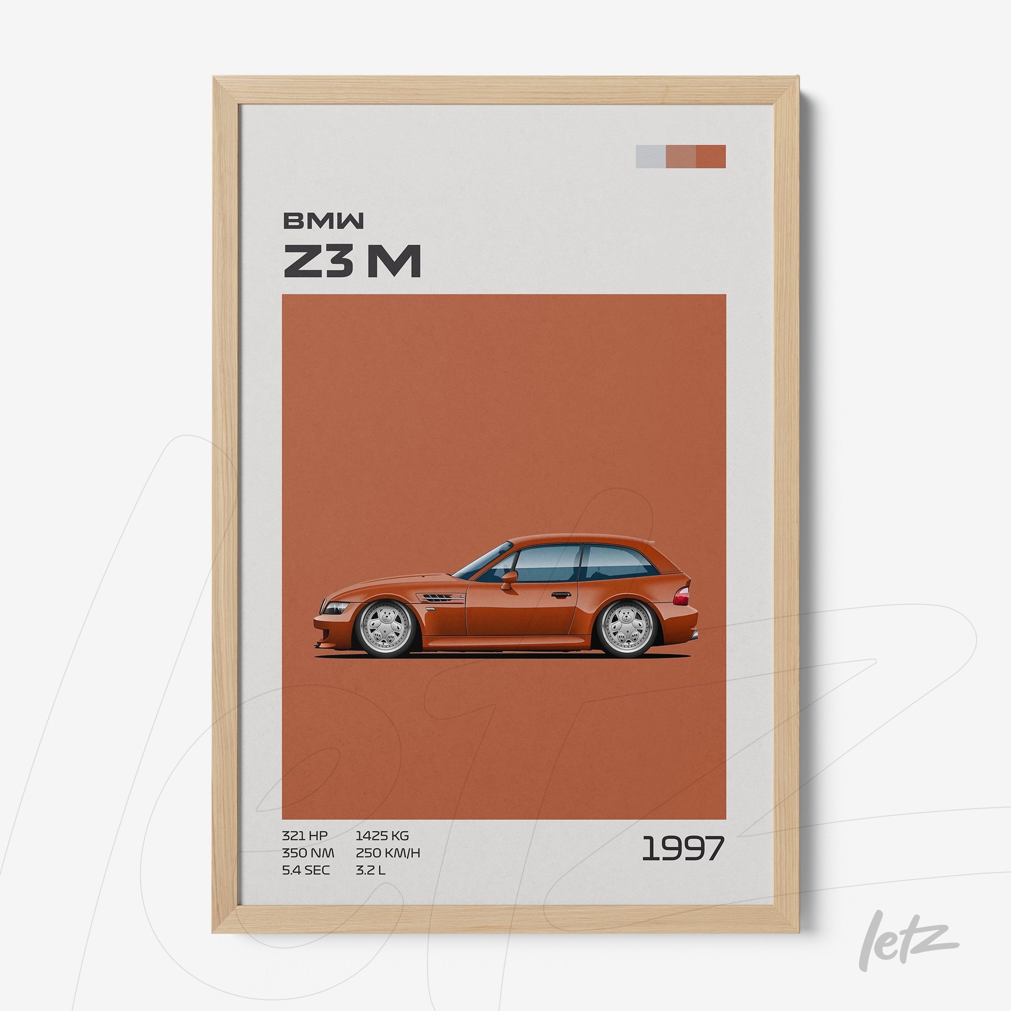 quadro com arte minimalista do carro BMW Z3 M em moldura de madeira clara