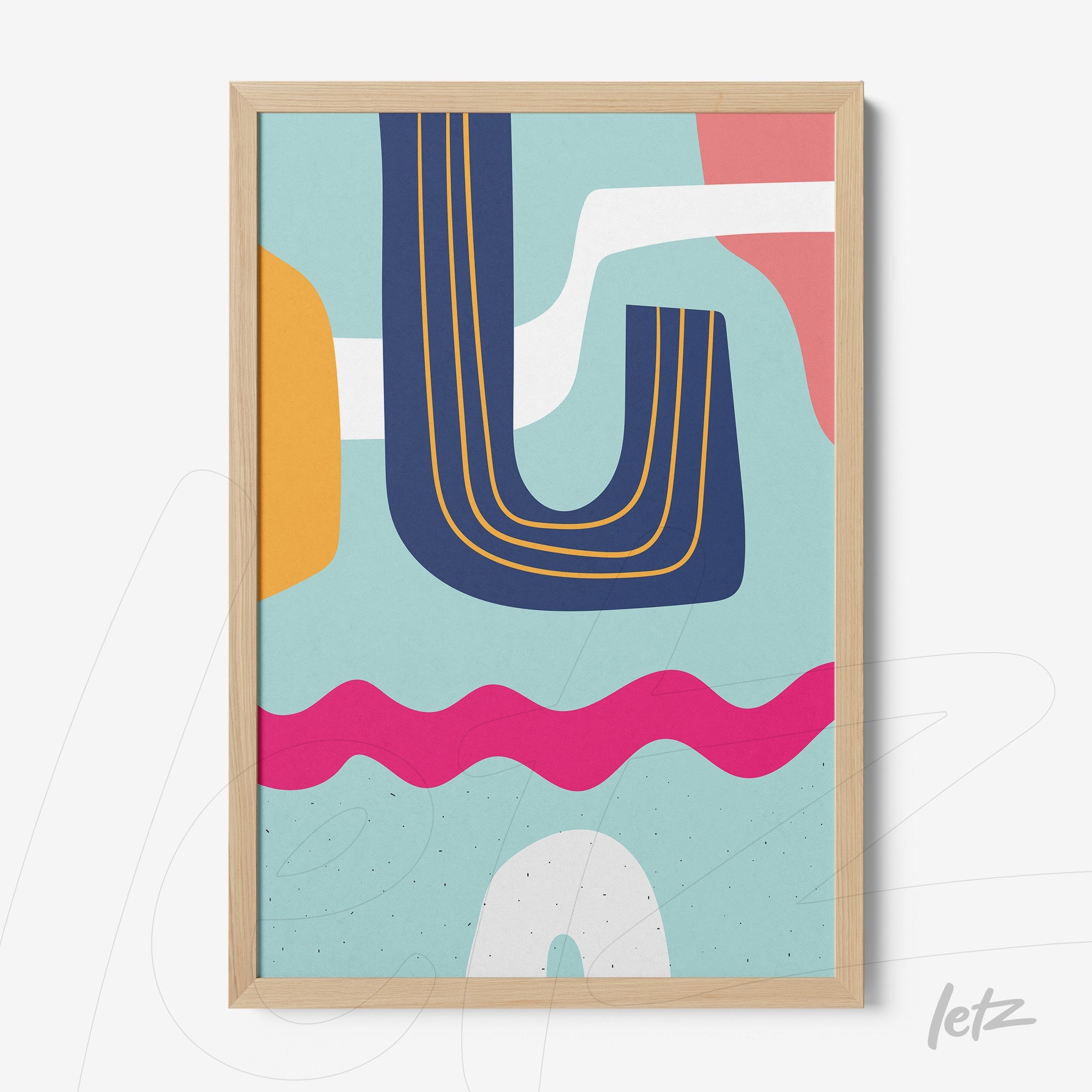 ```json
{
"alt": "caixa natural com arte abstrata moderna em tons de azul, rosa e laranja em estilo boho",
"alt_en": "natural wood frame with modern abstract art in blue, pink, and orange tones in boho style"
}
```