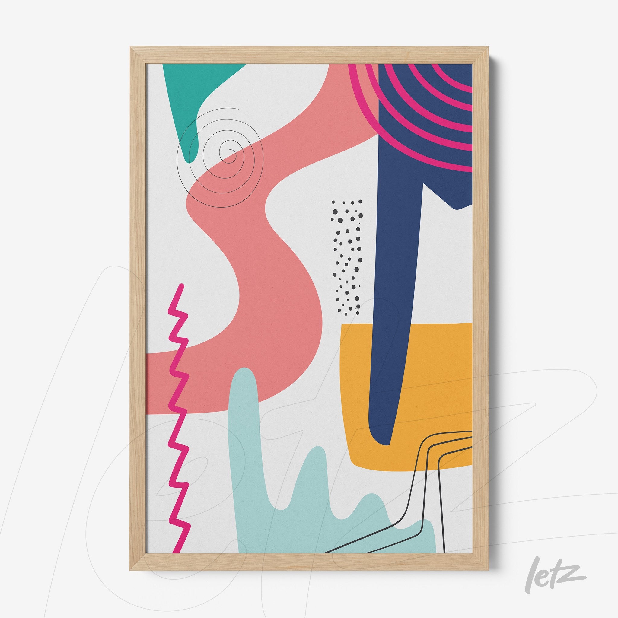 quadro abstrato colorido com formas geométricas em moldura de madeira clara