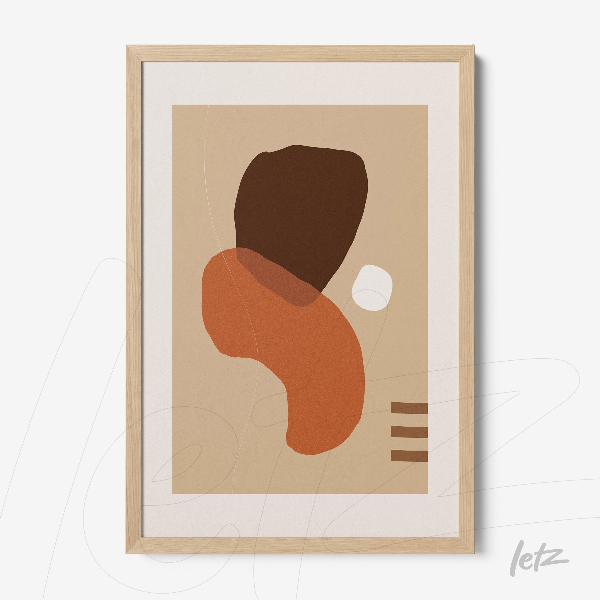 quadro abstrato com formas orgânicas em tons terrosos emoldurado em madeira clara