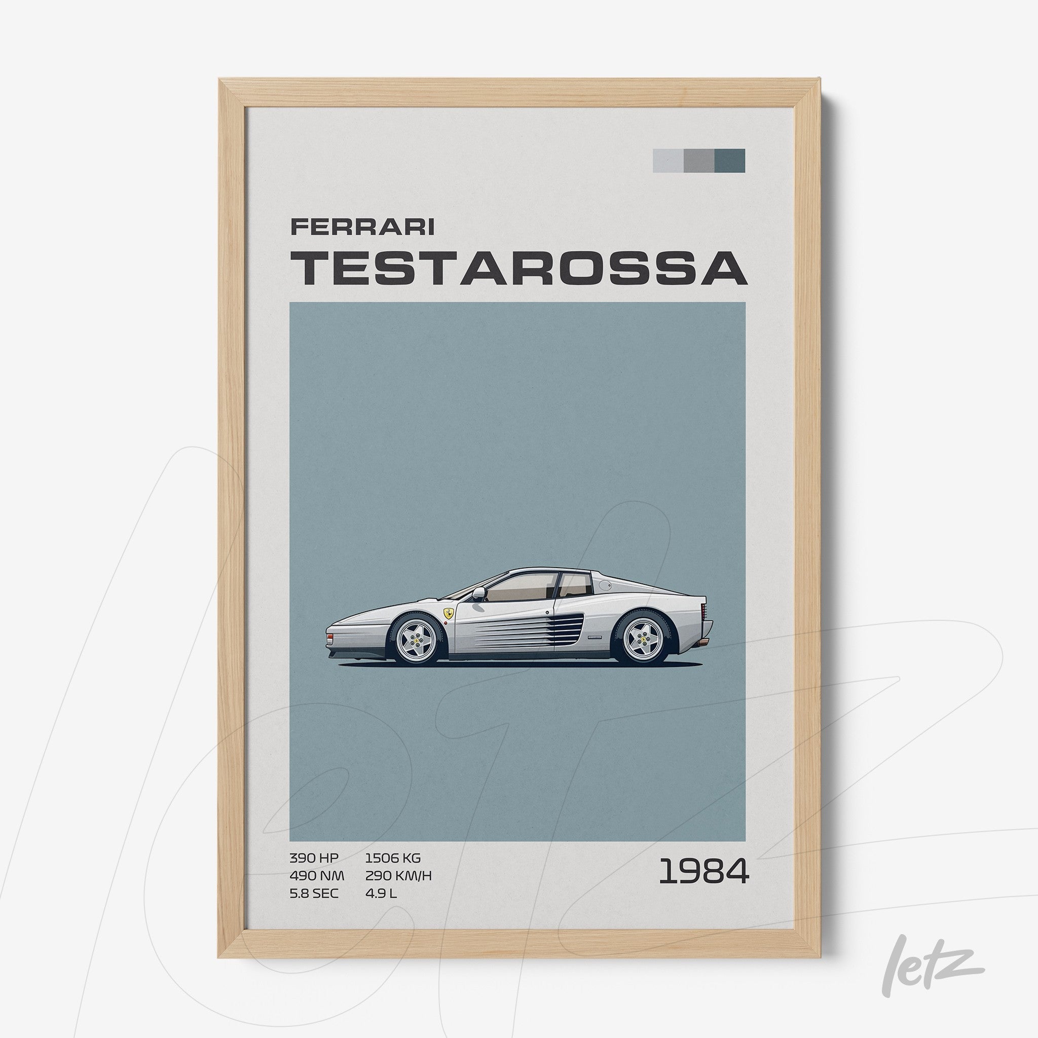 quadro com ilustração de um carro Ferrari Testarossa em fundo azul claro com moldura de madeira clara