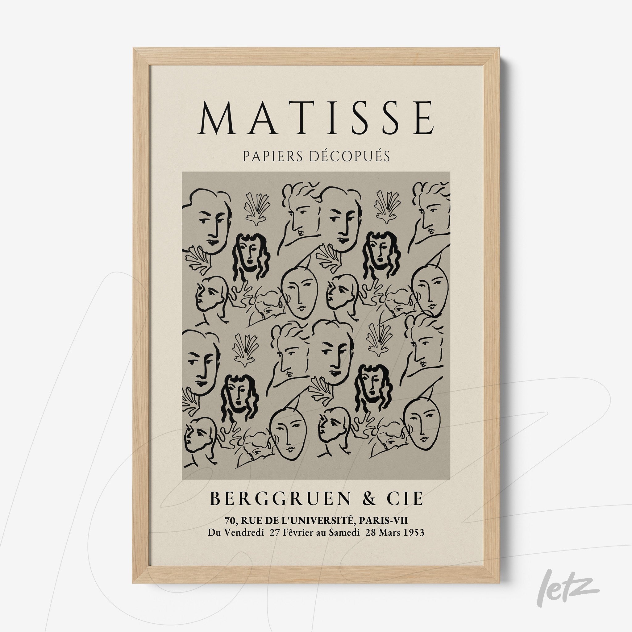 quadro emoldurado com arte de Matisse apresentando rostos e plantas em tons neutros