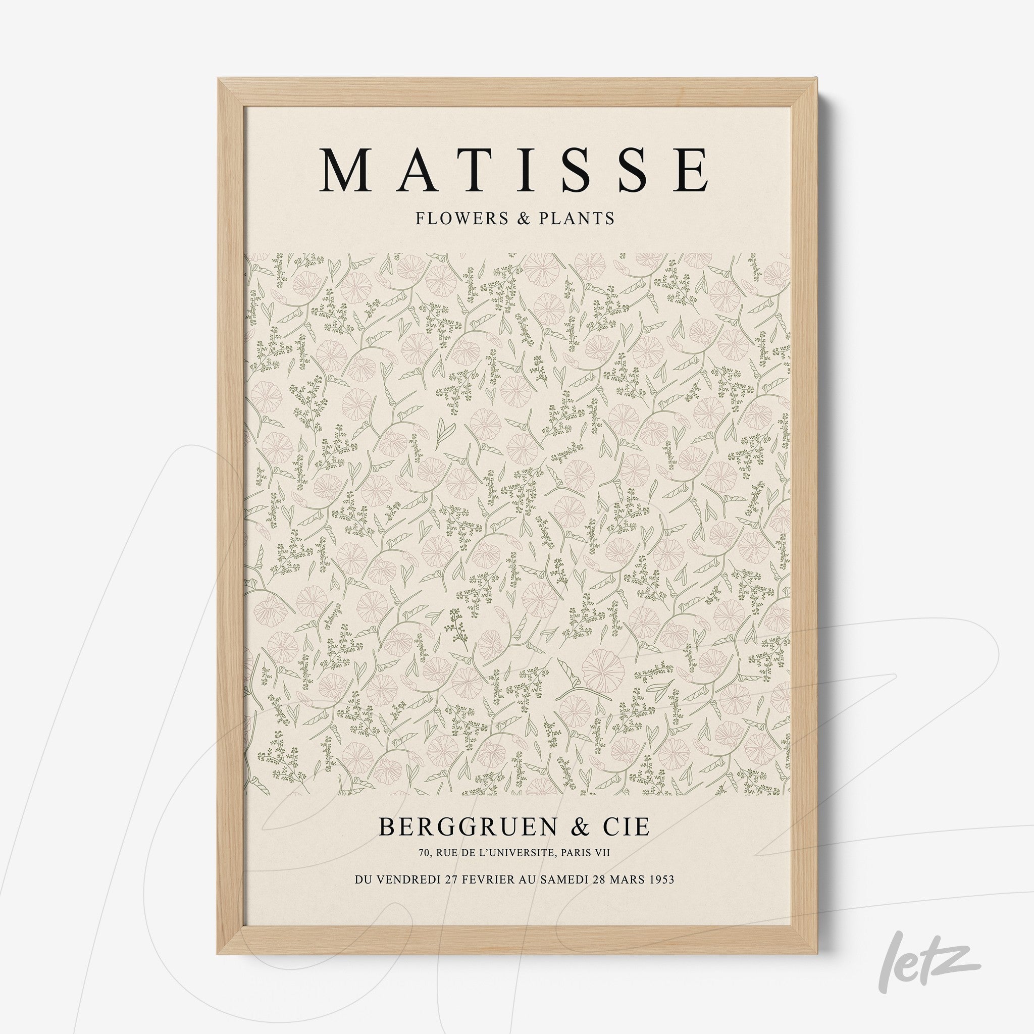 quadro com arte de plantas e flores em estilo vintage, moldura em madeira clara