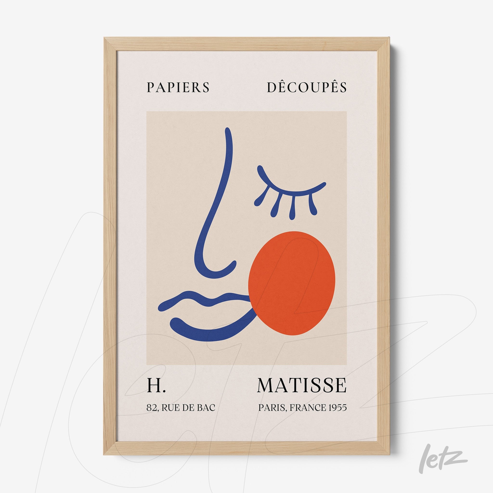 quadro em estilo contemporâneo com arte abstrata de rosto em cores vibrantes, moldura de madeira clara