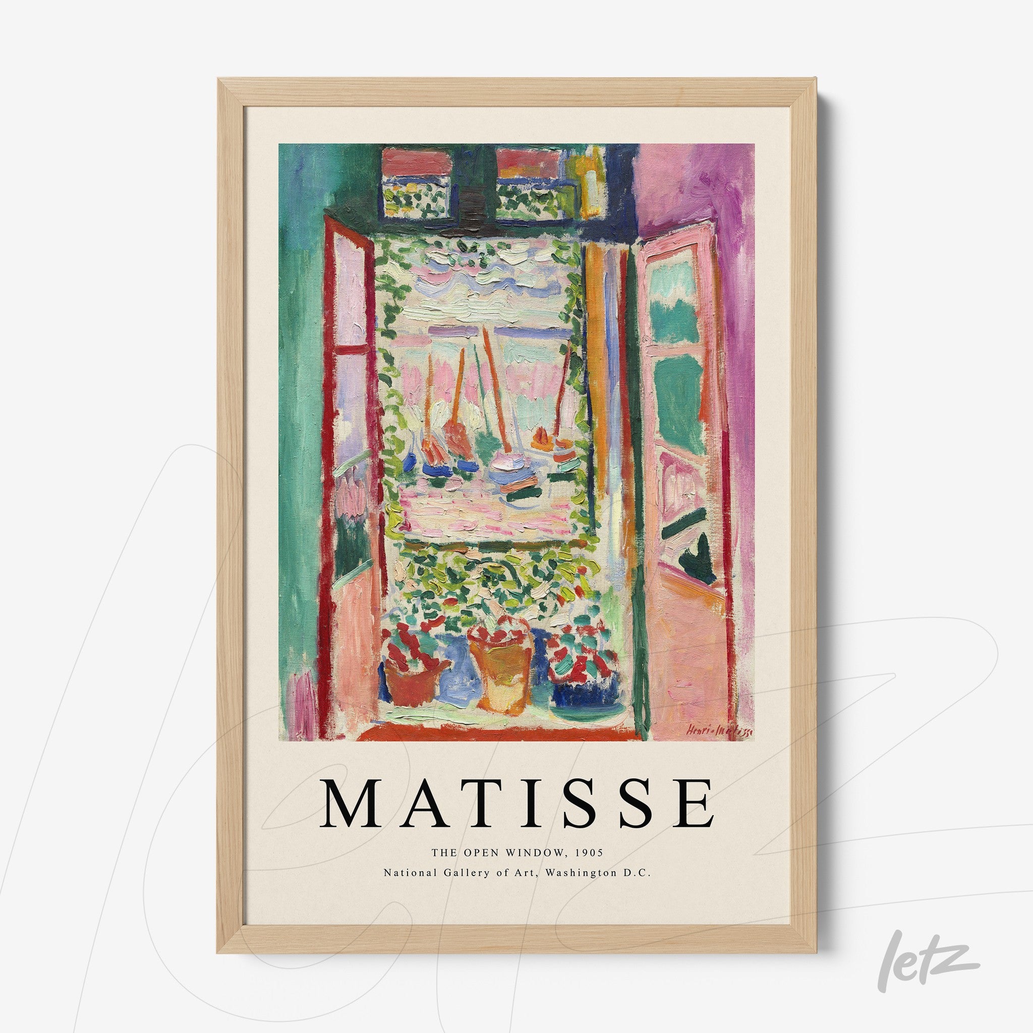 quadro decorativo com arte de Matisse retratando uma janela aberta com vista para um jardim, moldura de madeira clara