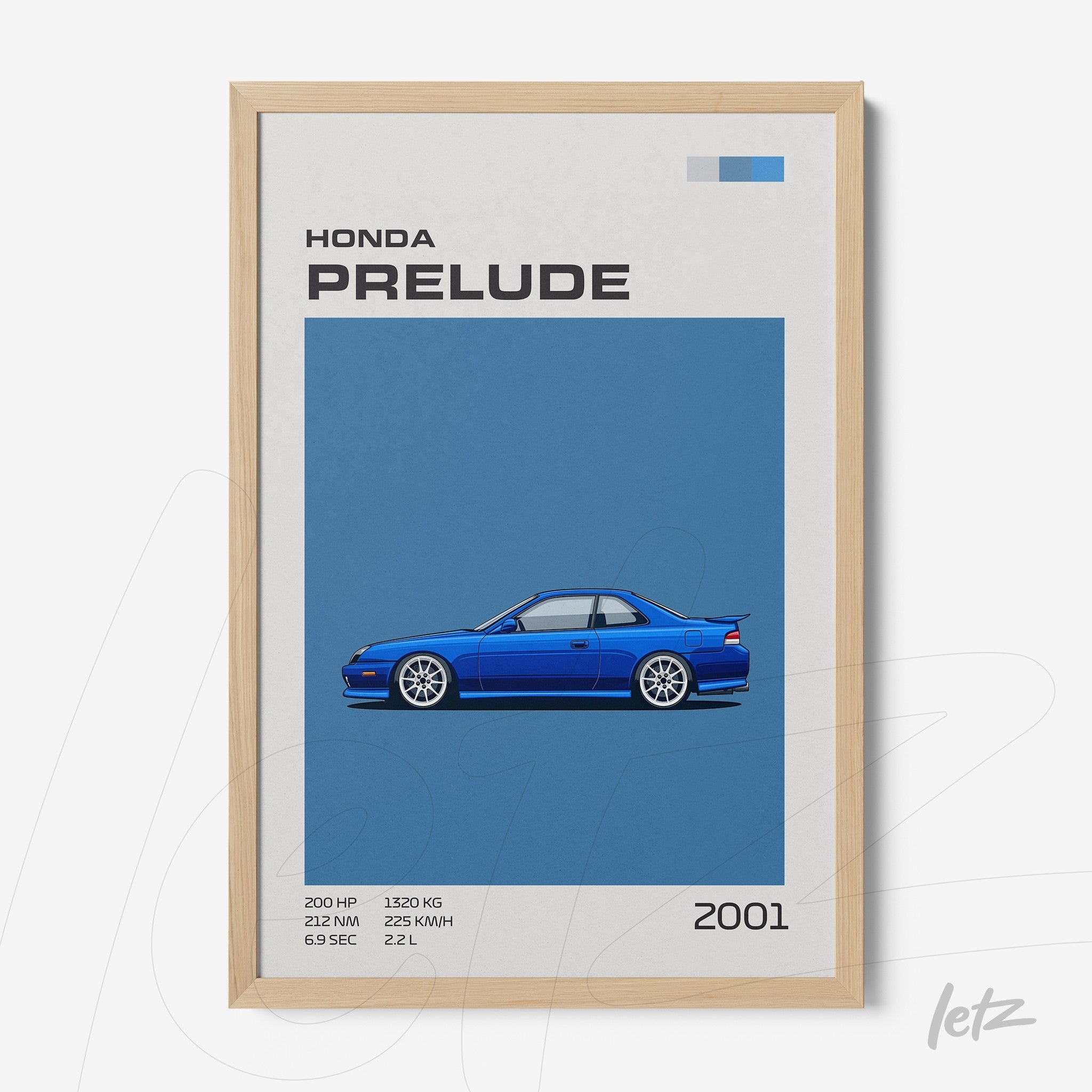 quadro com arte digital de um carro Honda Prelude azul de 2001 em moldura clara