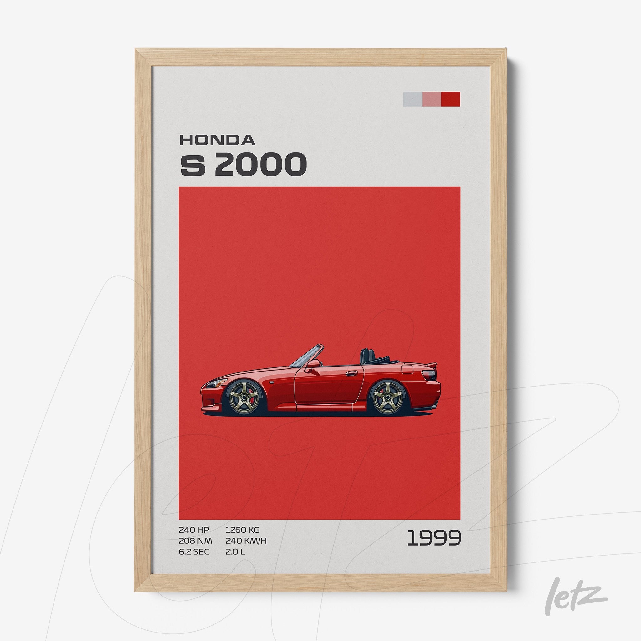 quadro com ilustração do carro Honda S2000 em fundo vermelho com moldura de madeira clara