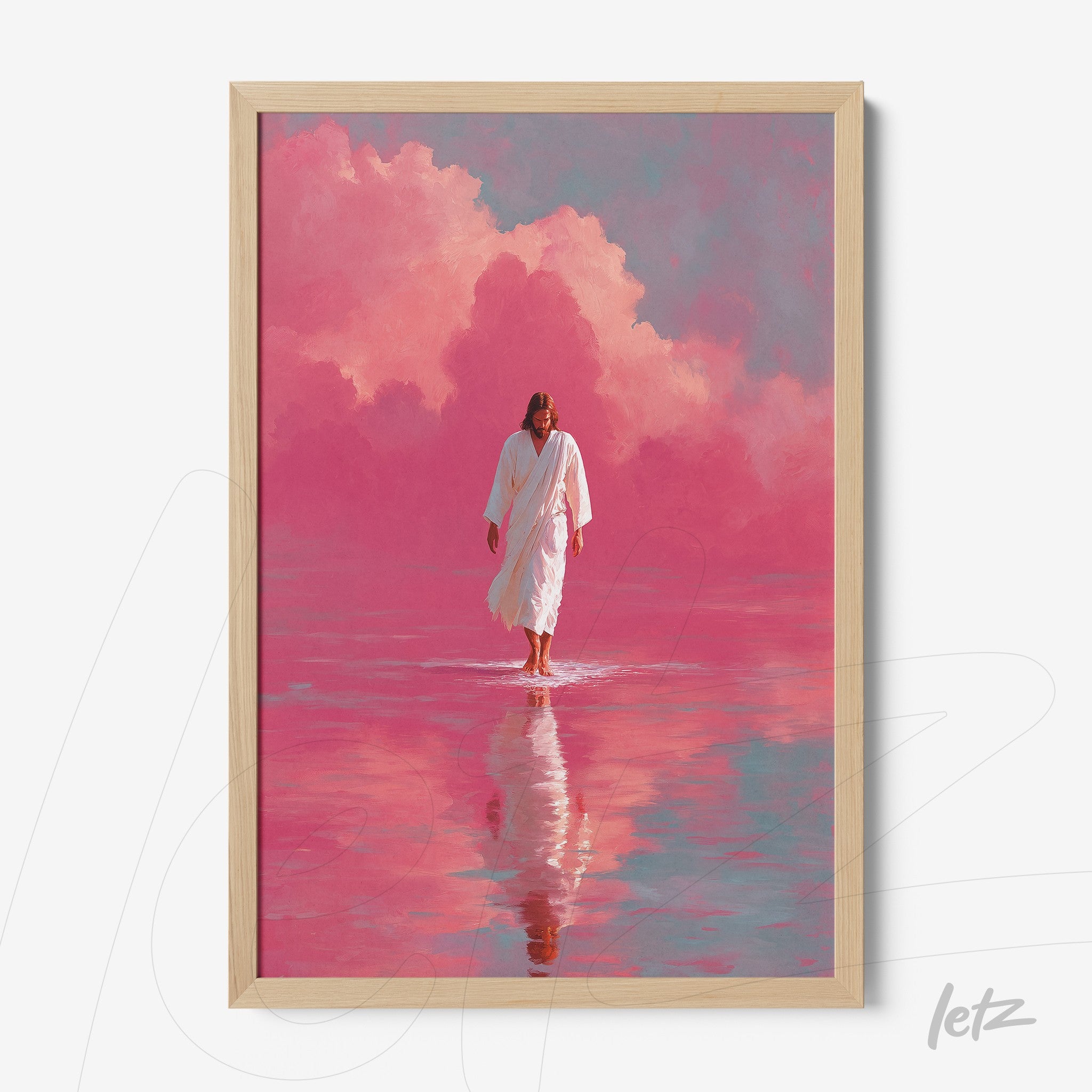quadro com arte espiritual de figura em túnica branca caminhando sobre águas reflexivas em um fundo rosa com nuvens