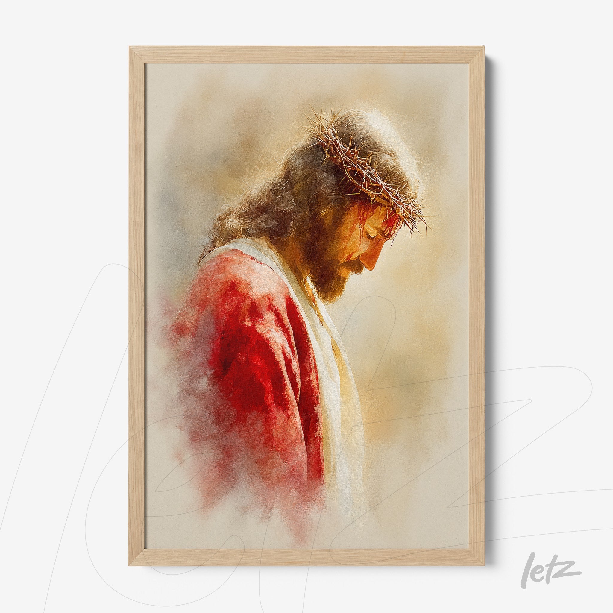 quadro com arte de Jesus com coroa de espinhos em moldura de madeira clara