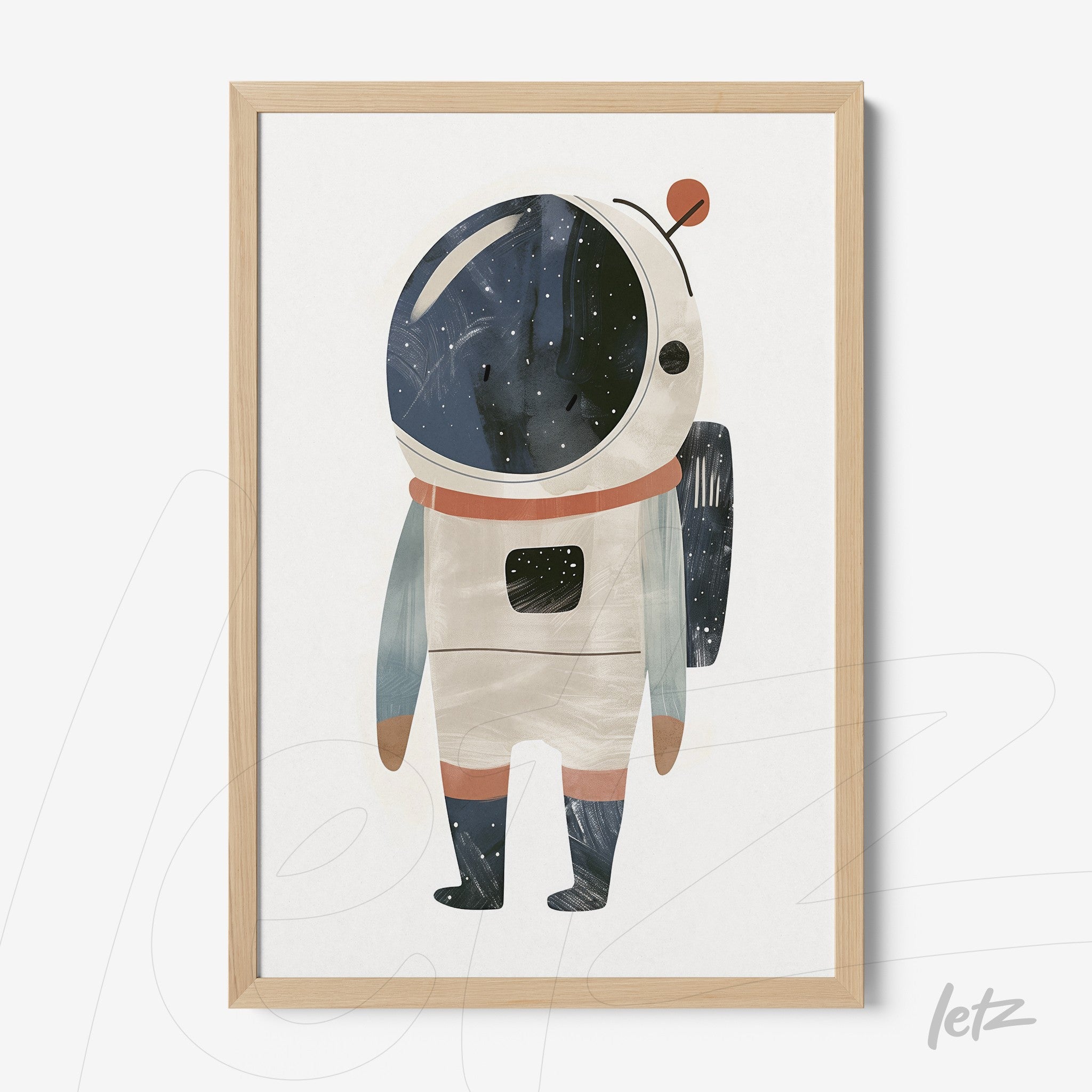 quadro com ilustração de astronauta em estilo infantil, moldura de madeira clara