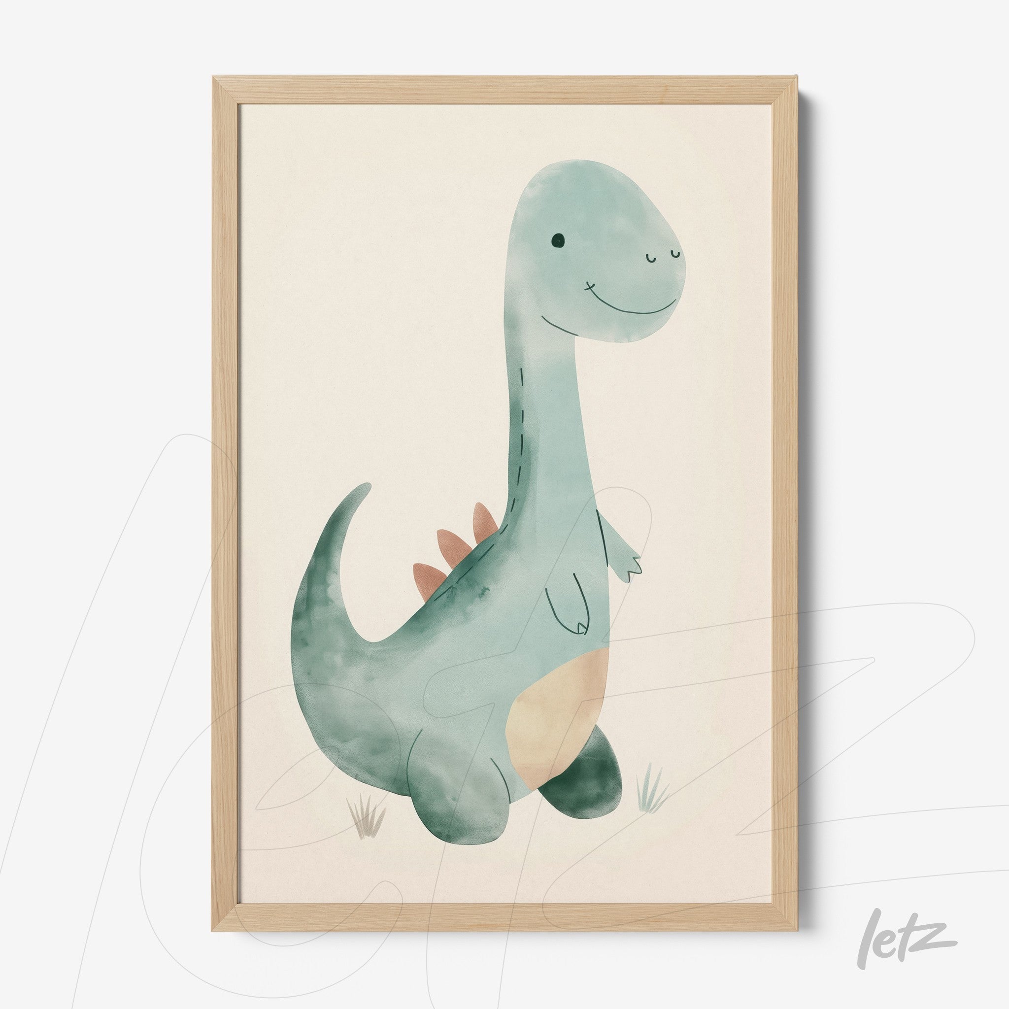 quadro com arte de dinossauro desenhado com traços suaves em moldura de madeira clara