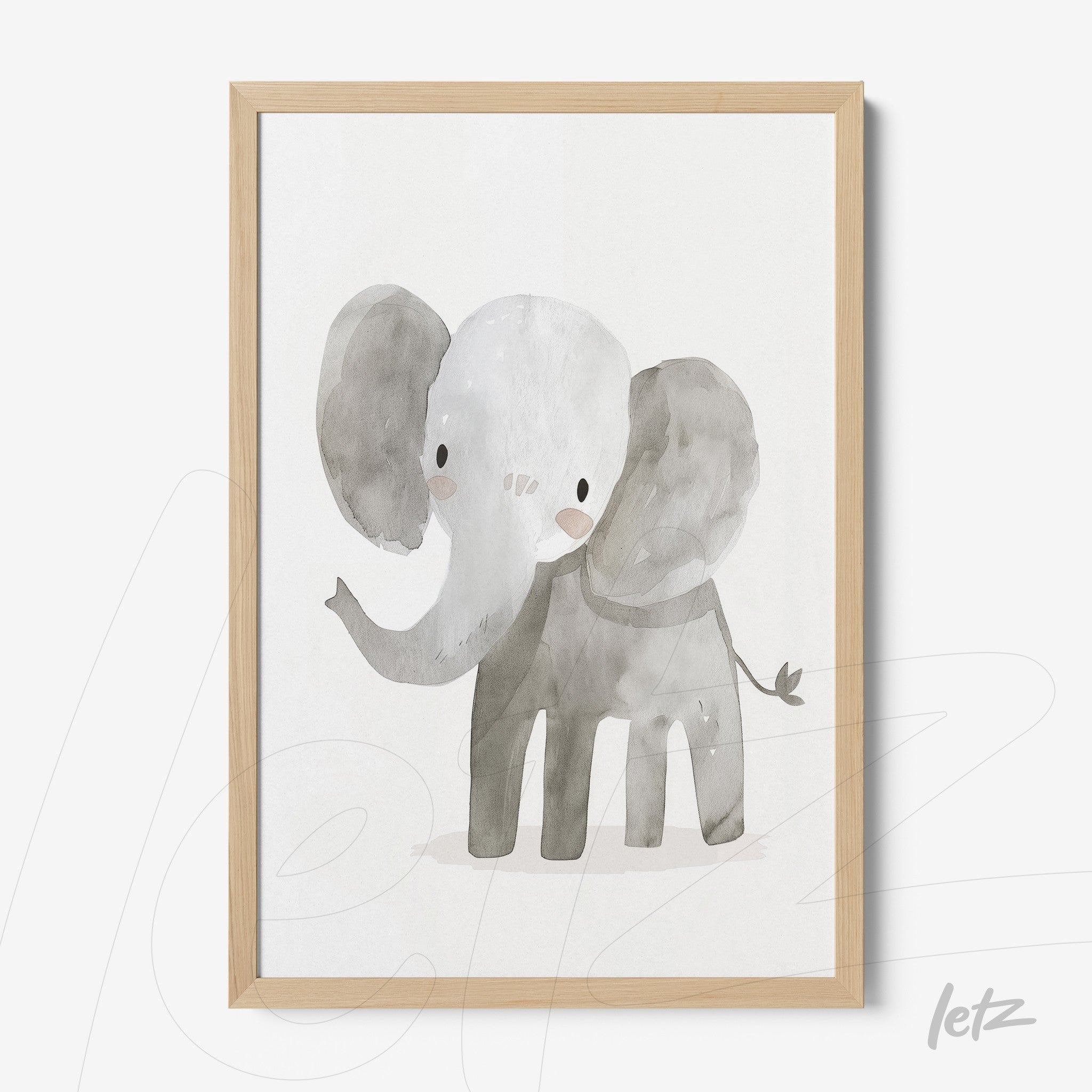 quadro com ilustração aquarelada de um elefante cinza em moldura de madeira clara