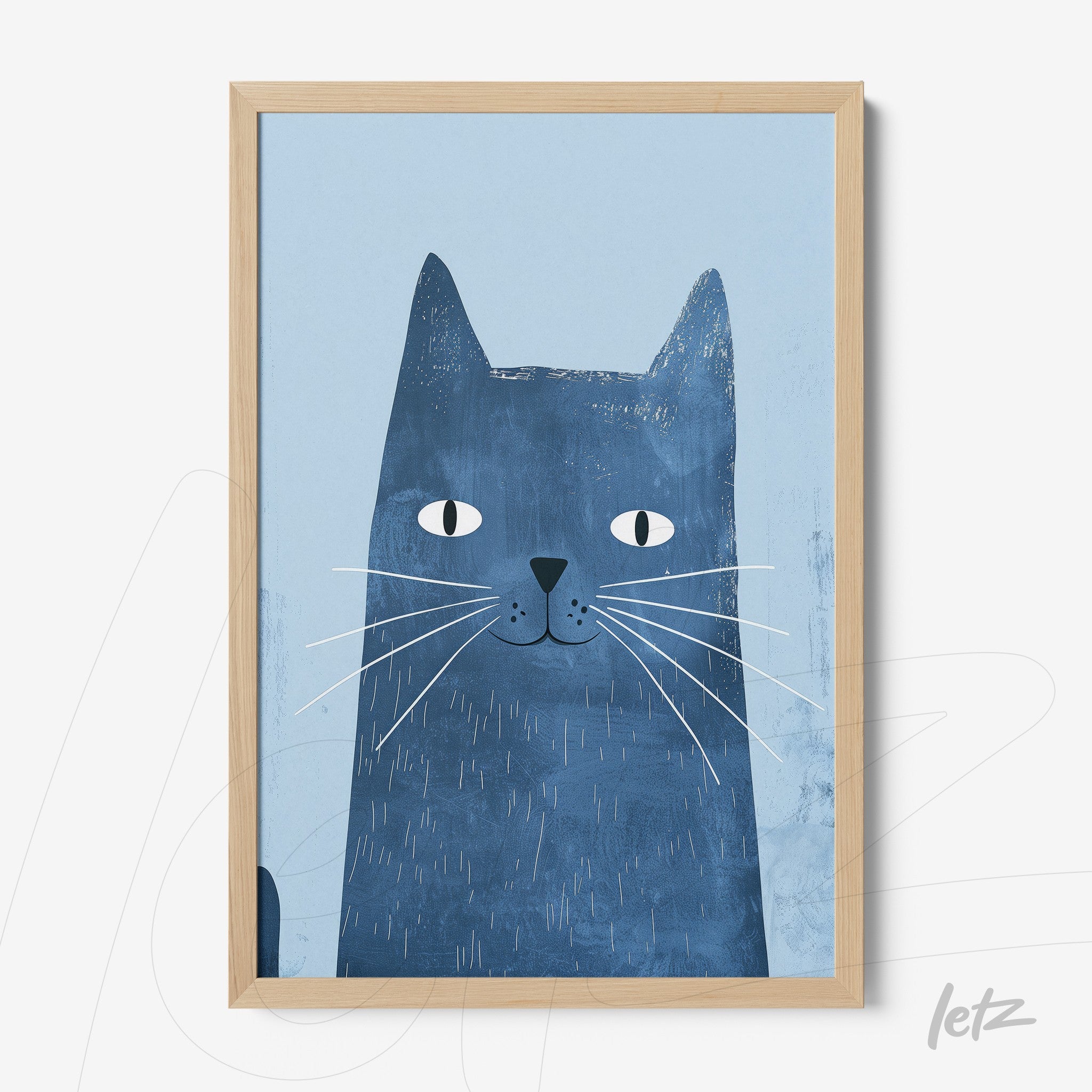 quadro com arte de gato azul com fundo claro e moldura em madeira clara