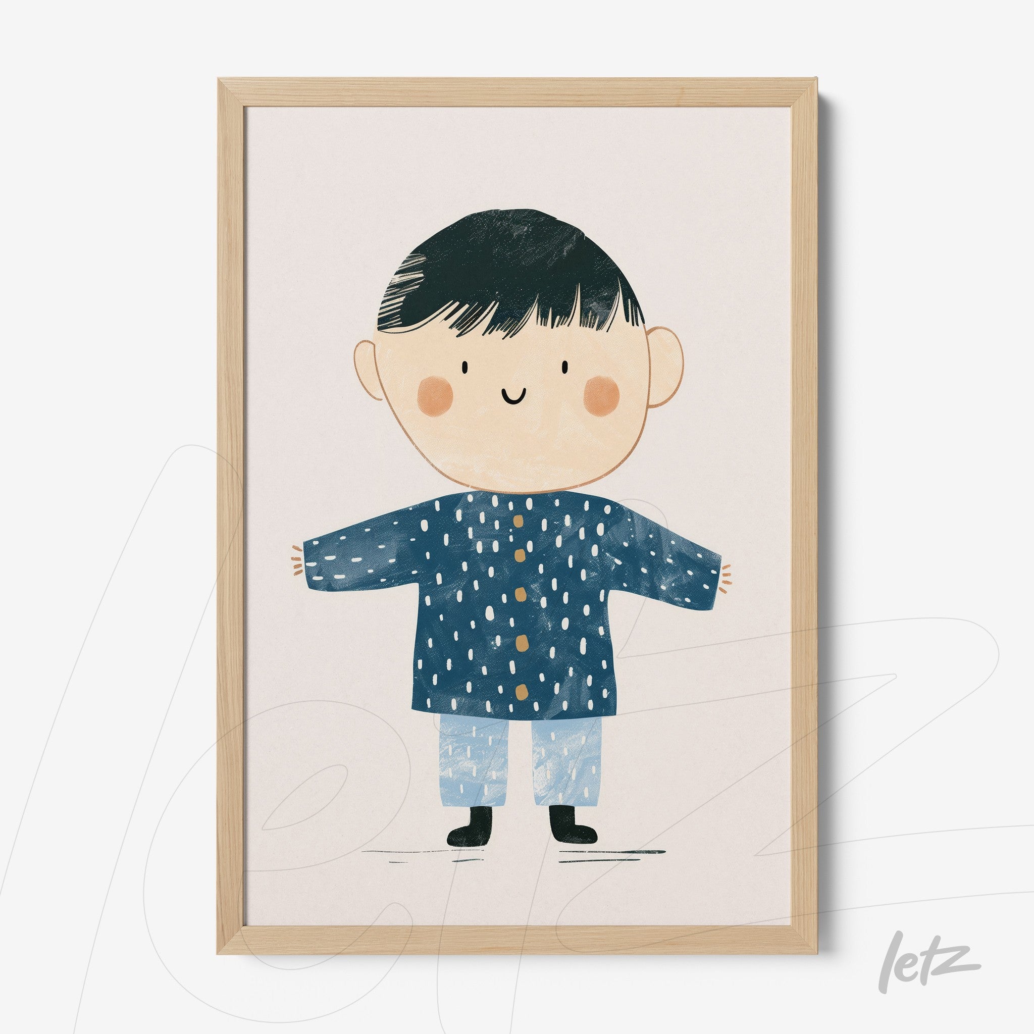 quadro com ilustração infantil de garoto sorridente usando casaco azul com bolinhas brancas em moldura clara