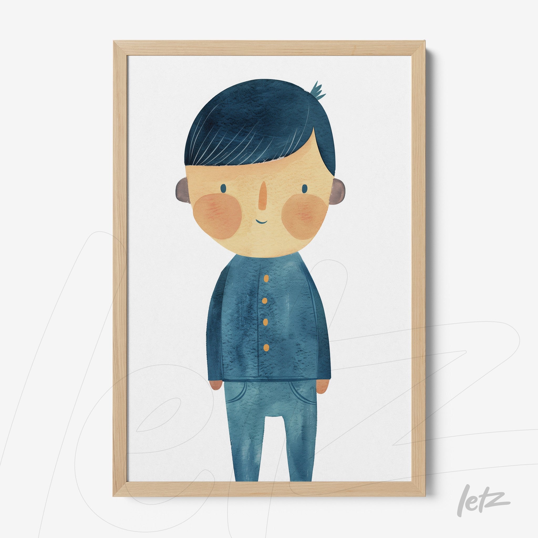 quadro com ilustração de personagem infantil em tons de azul com moldura de madeira clara