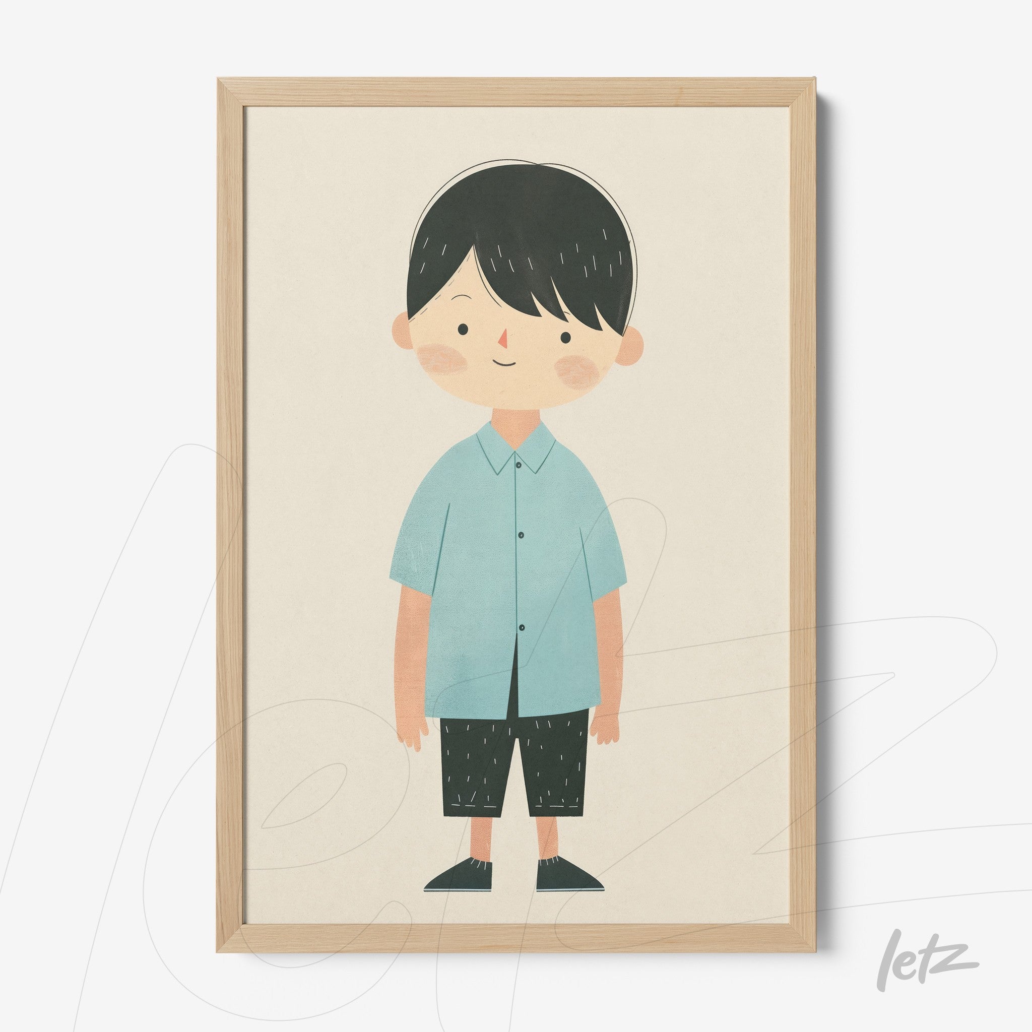 quadro com ilustração de menino com camisa azul e calças pretas em moldura de madeira clara