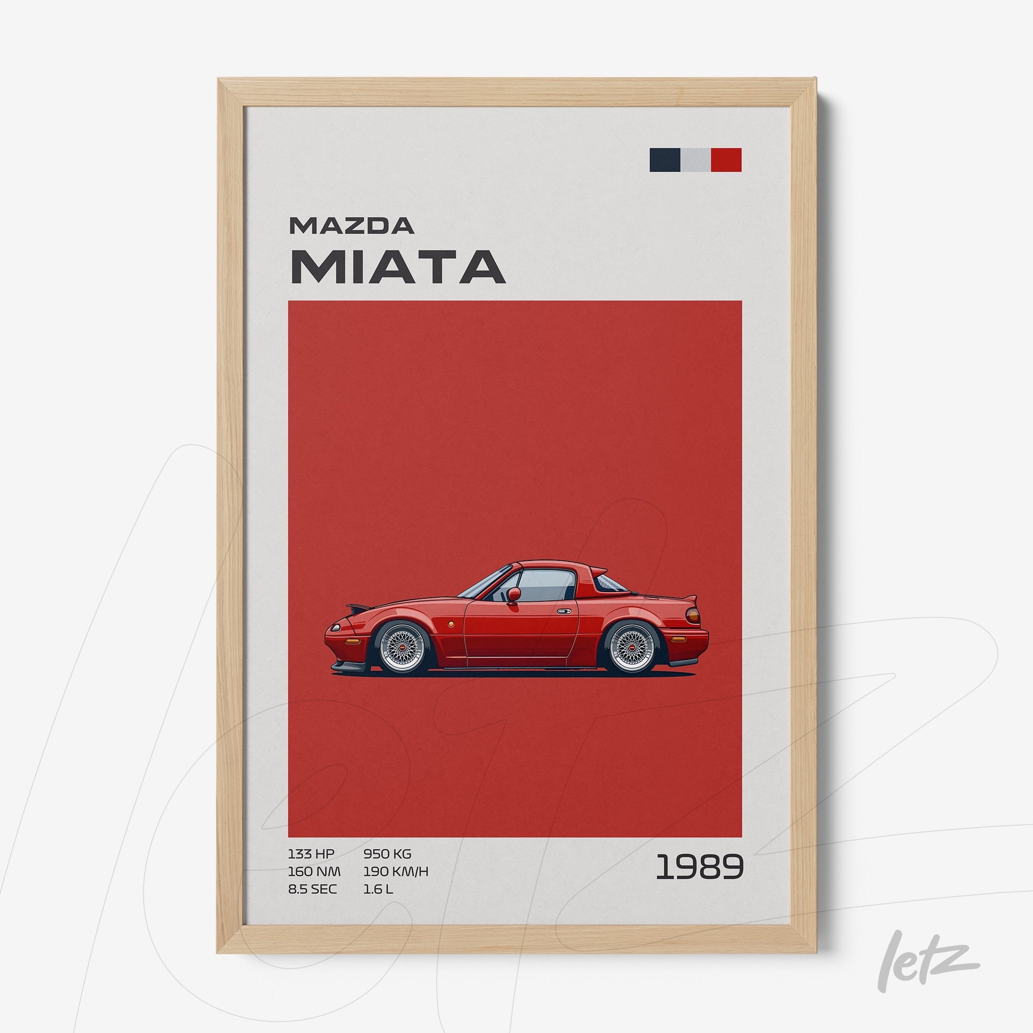 quadro decorativo com ilustração do carro Mazda Miata de 1989 em fundo vermelho e moldura clara
