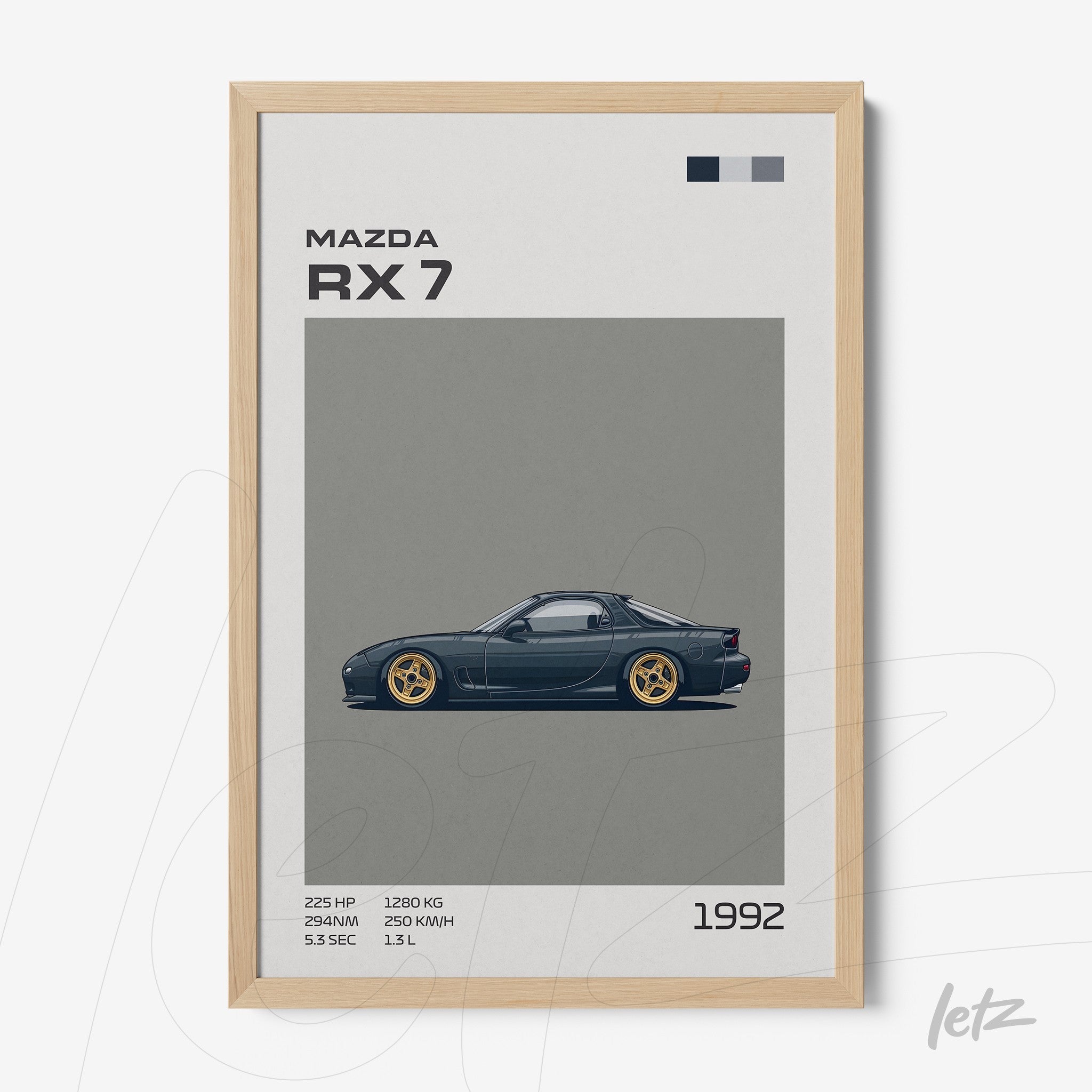quadro com arte minimalista do carro Mazda RX-7 em moldura de madeira clara
