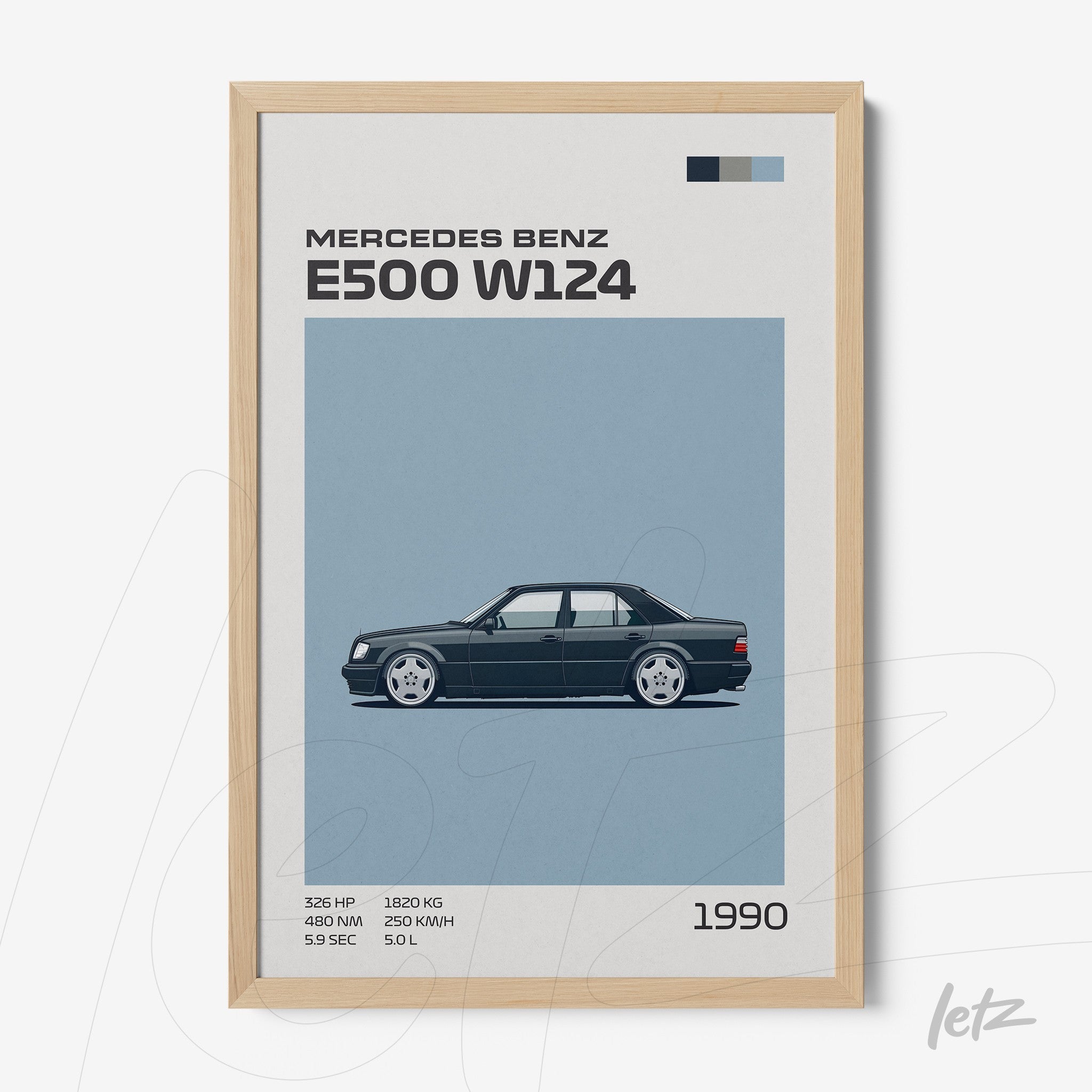 quadro com ilustração minimalista do carro Mercedes Benz E500 W124 em moldura de madeira clara