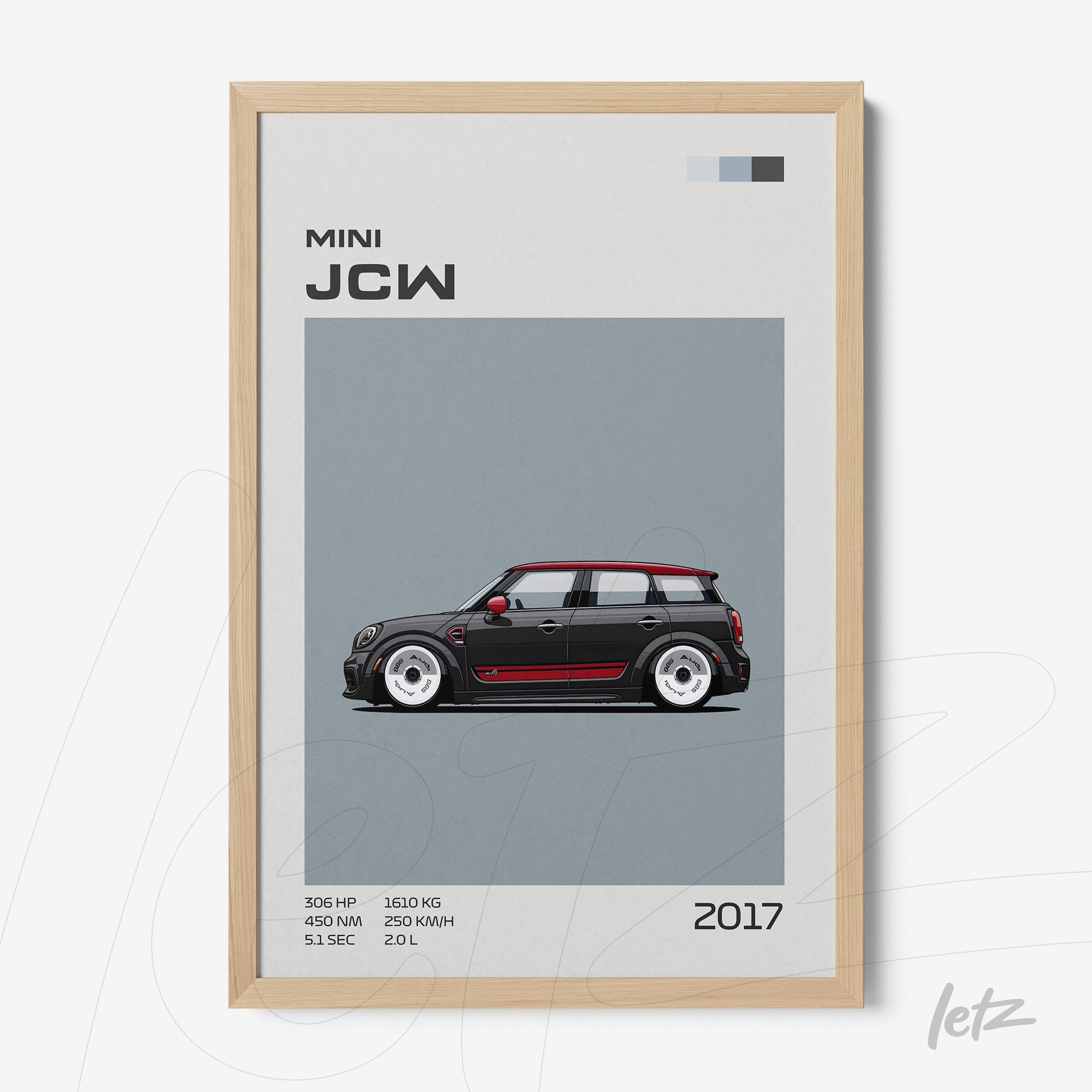 quadro com arte digital de um carro Mini John Cooper Works 2017 em moldura de madeira clara com fundo cinza