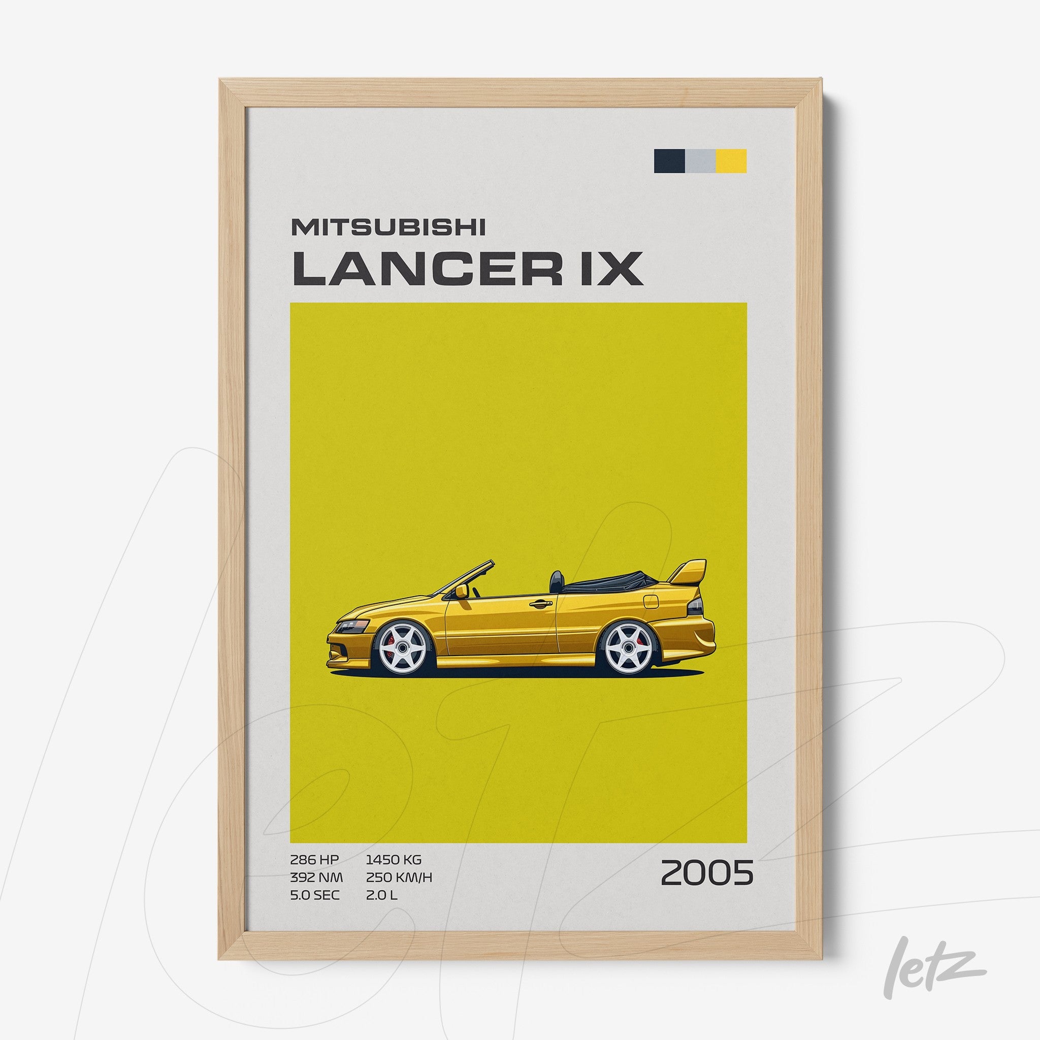 quadro com arte gráfica do Mitsubishi Lancer IX em fundo amarelo vibrante e moldura de madeira clara