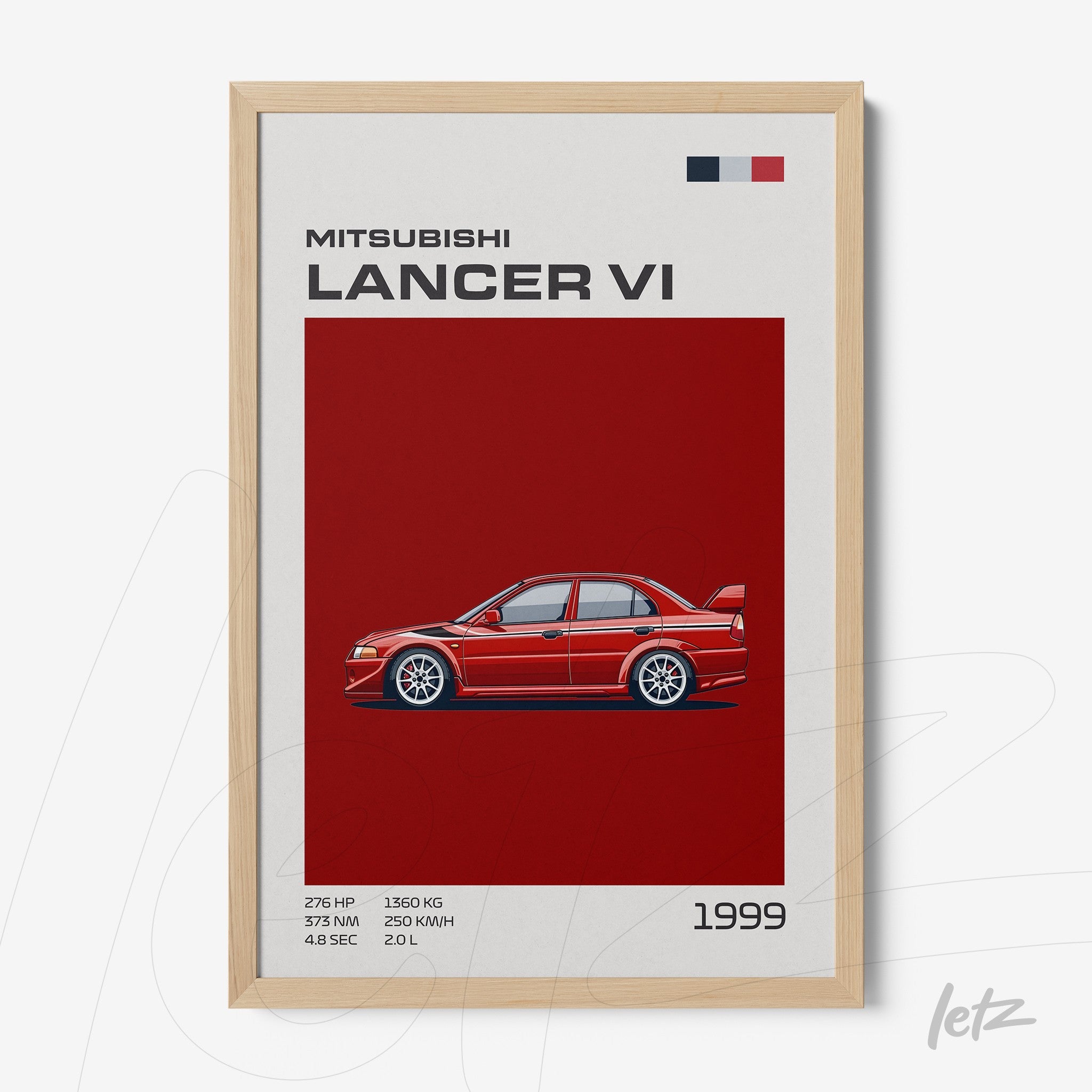 quadro com ilustração detalhada do carro Mitsubishi Lancer VI de 1999 em moldura de madeira clara