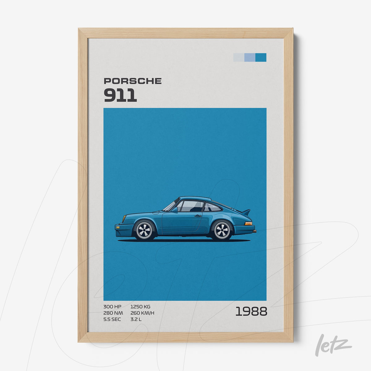 quadro com arte digital de um carro esportivo Porsche 911 azul em moldura de madeira clara, com fundo azul e informações em gráfico