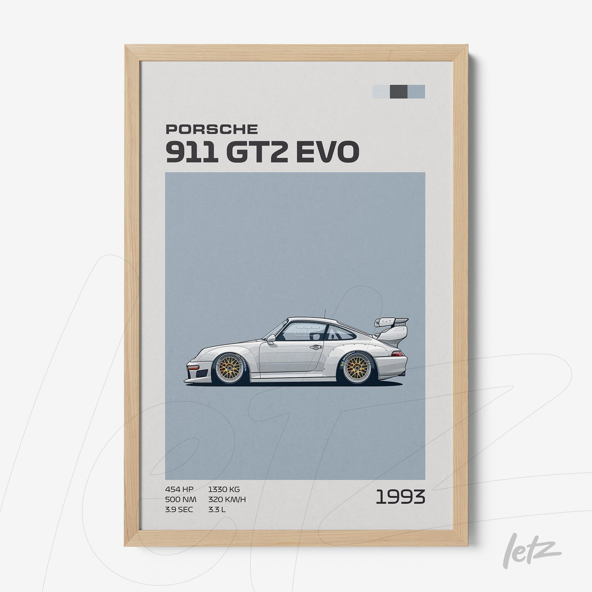 quadro com arte digital do carro Porsche 911 GT2 EVO em moldura de madeira clara