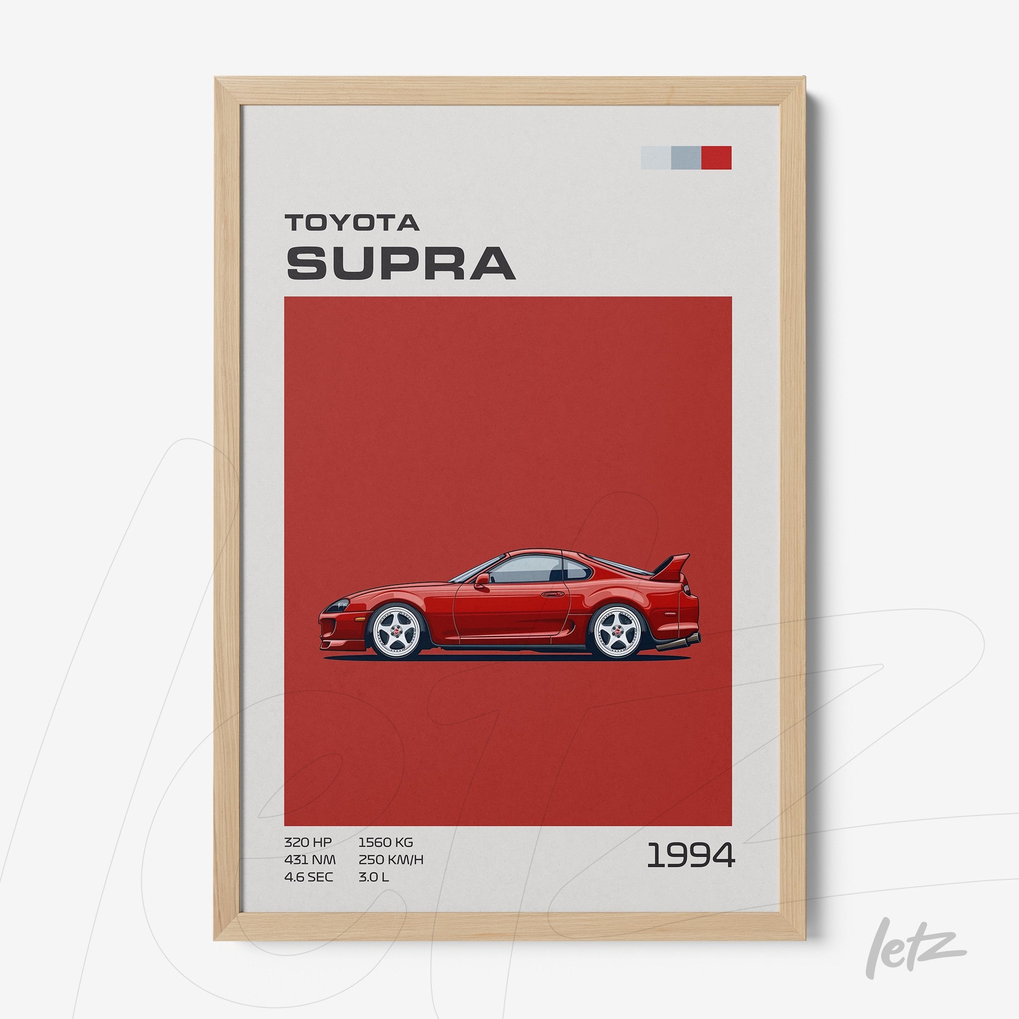 quadro com arte digital do Toyota Supra 1994 em moldura de madeira clara