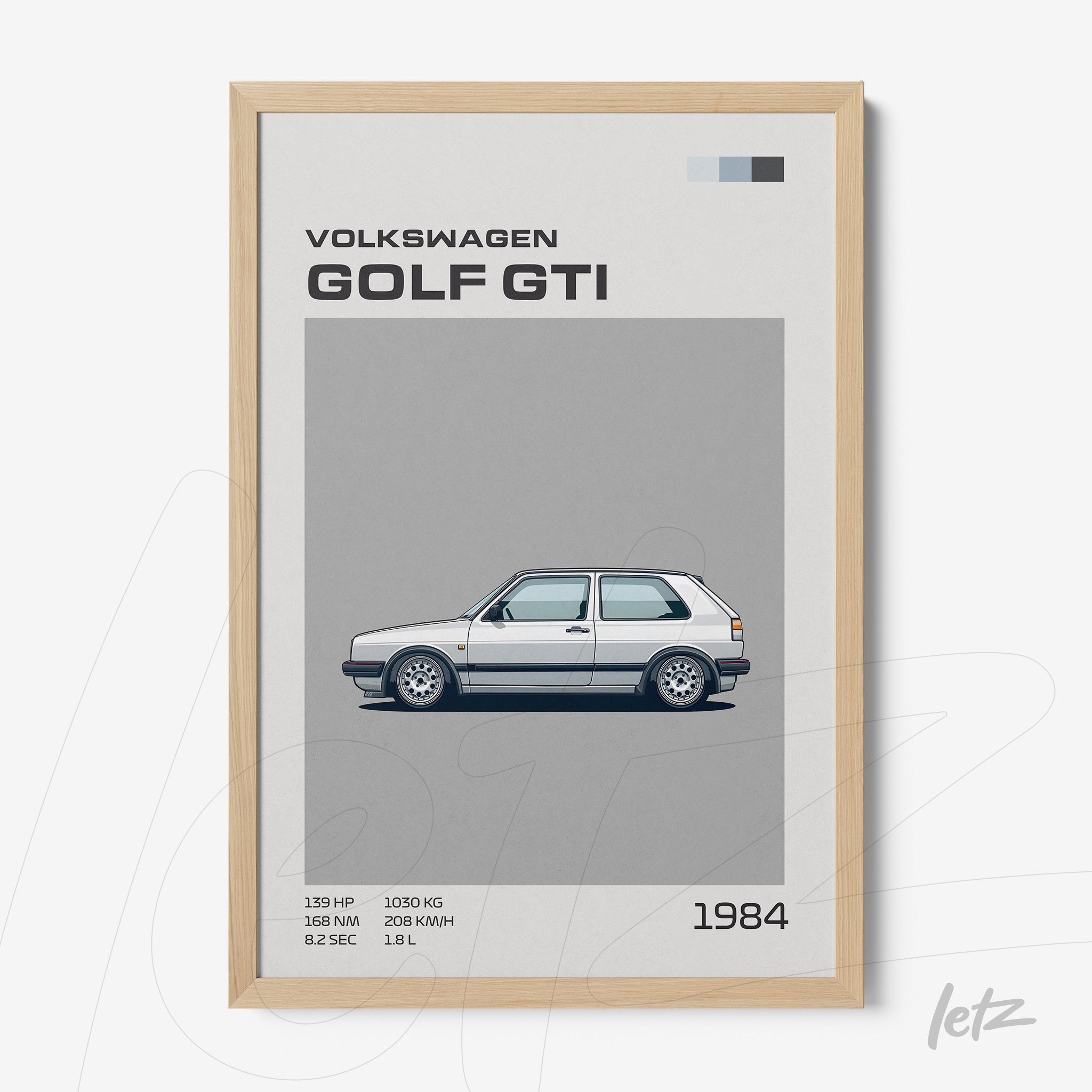 quadro com arte digital de carro Volkswagen Golf GTI de 1984 em moldura de madeira clara