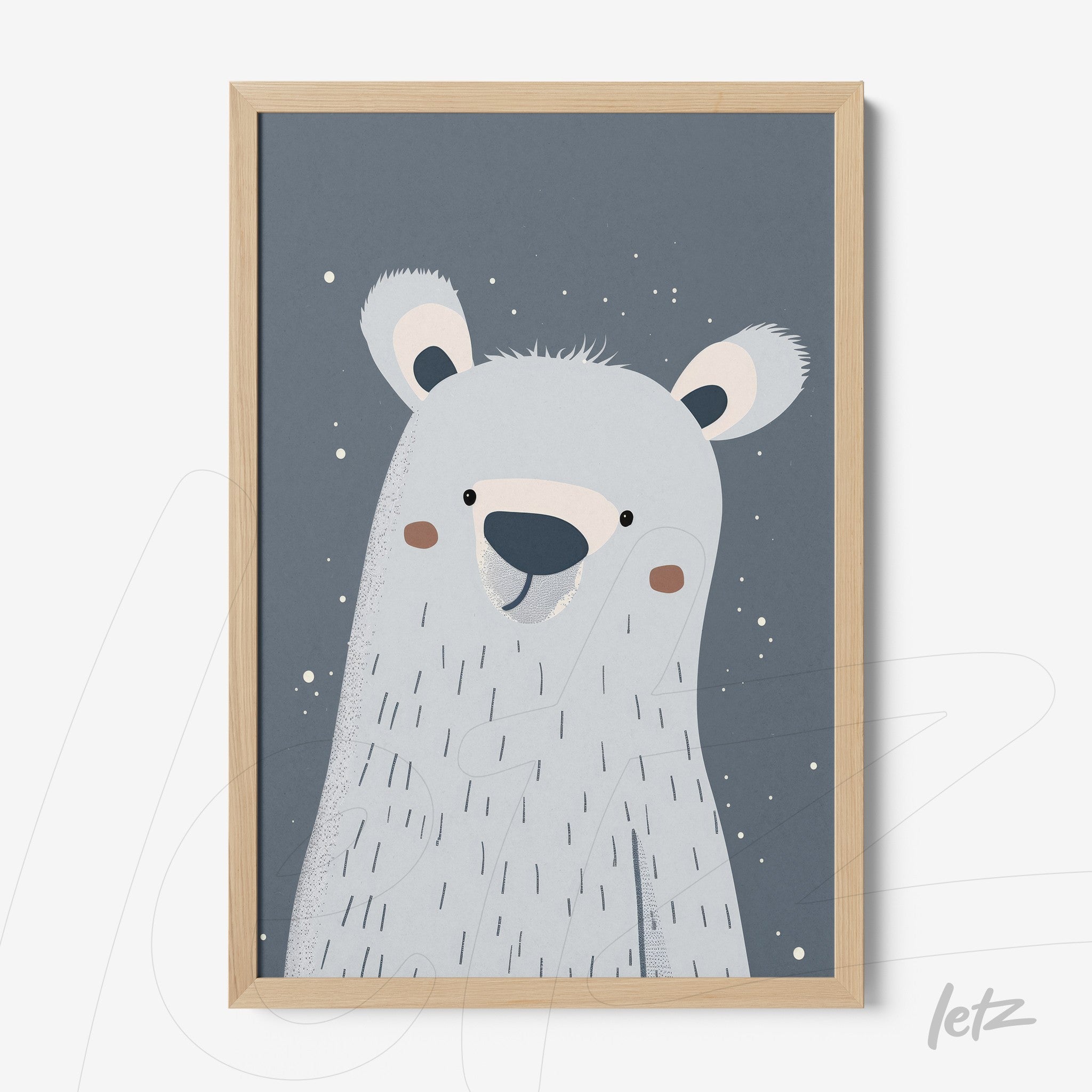 quadro com ilustração minimalista de urso polar sorridente em fundo cinza, moldura de madeira clara
