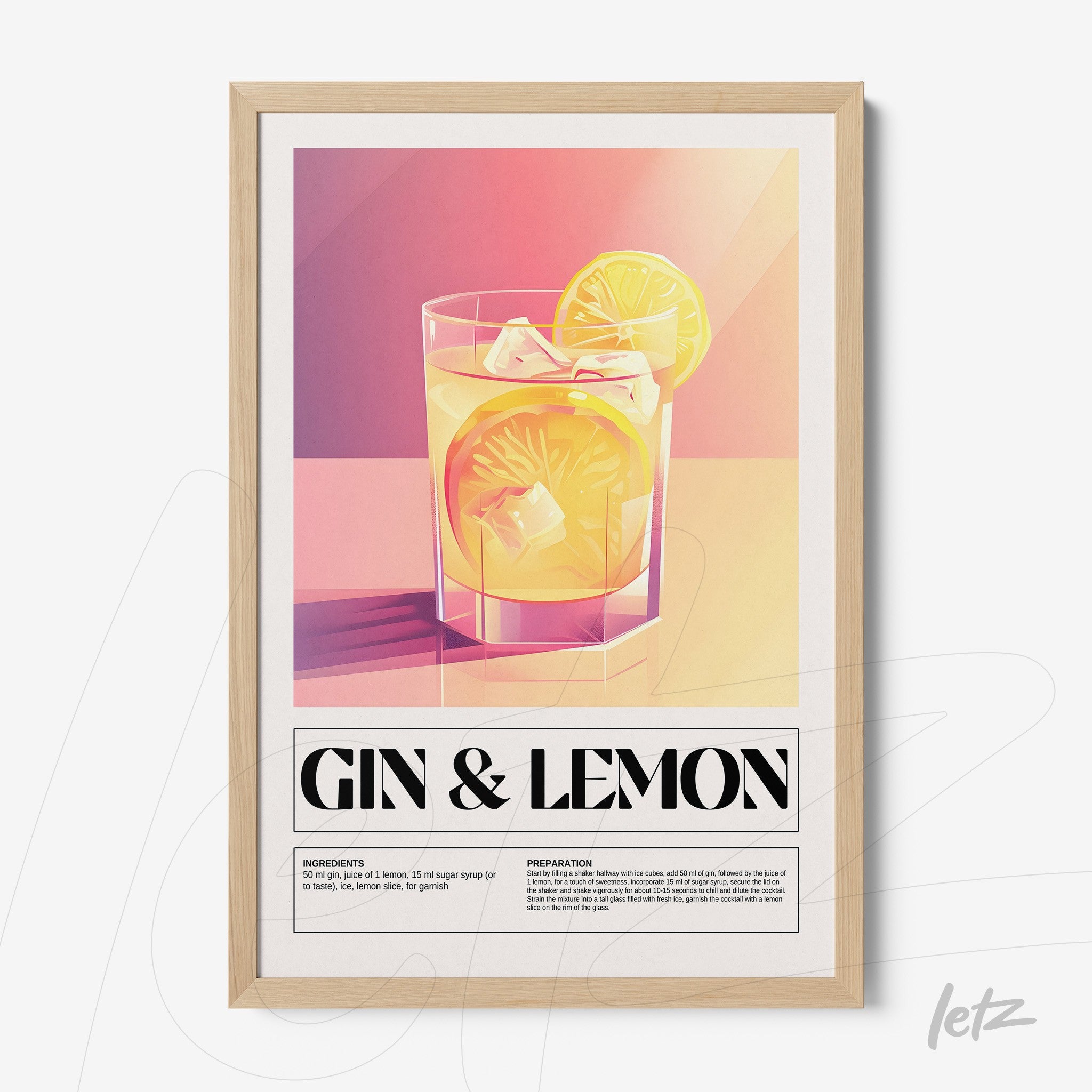 quadro com arte digital de drink gin com limão em moldura de madeira clara