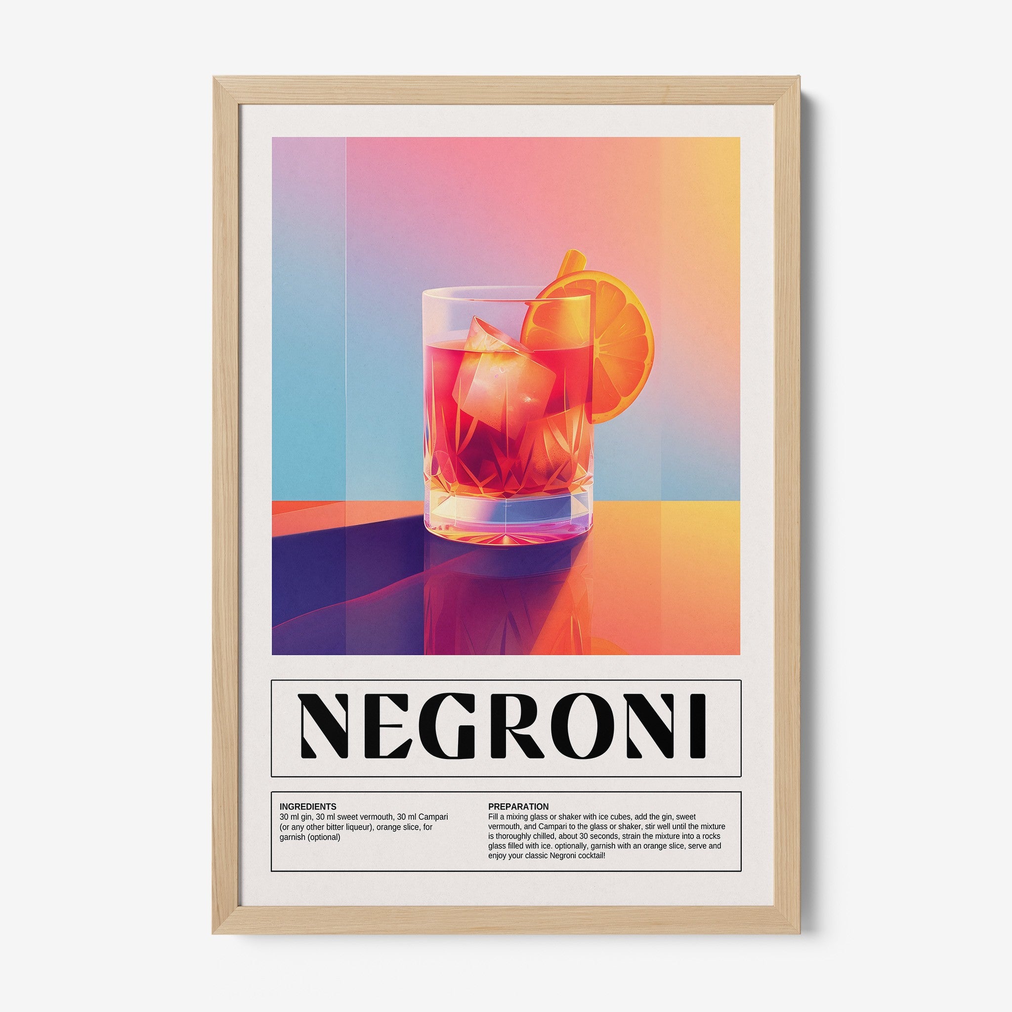 quadro com arte ilustrativa do drink negroni em moldura de madeira clara