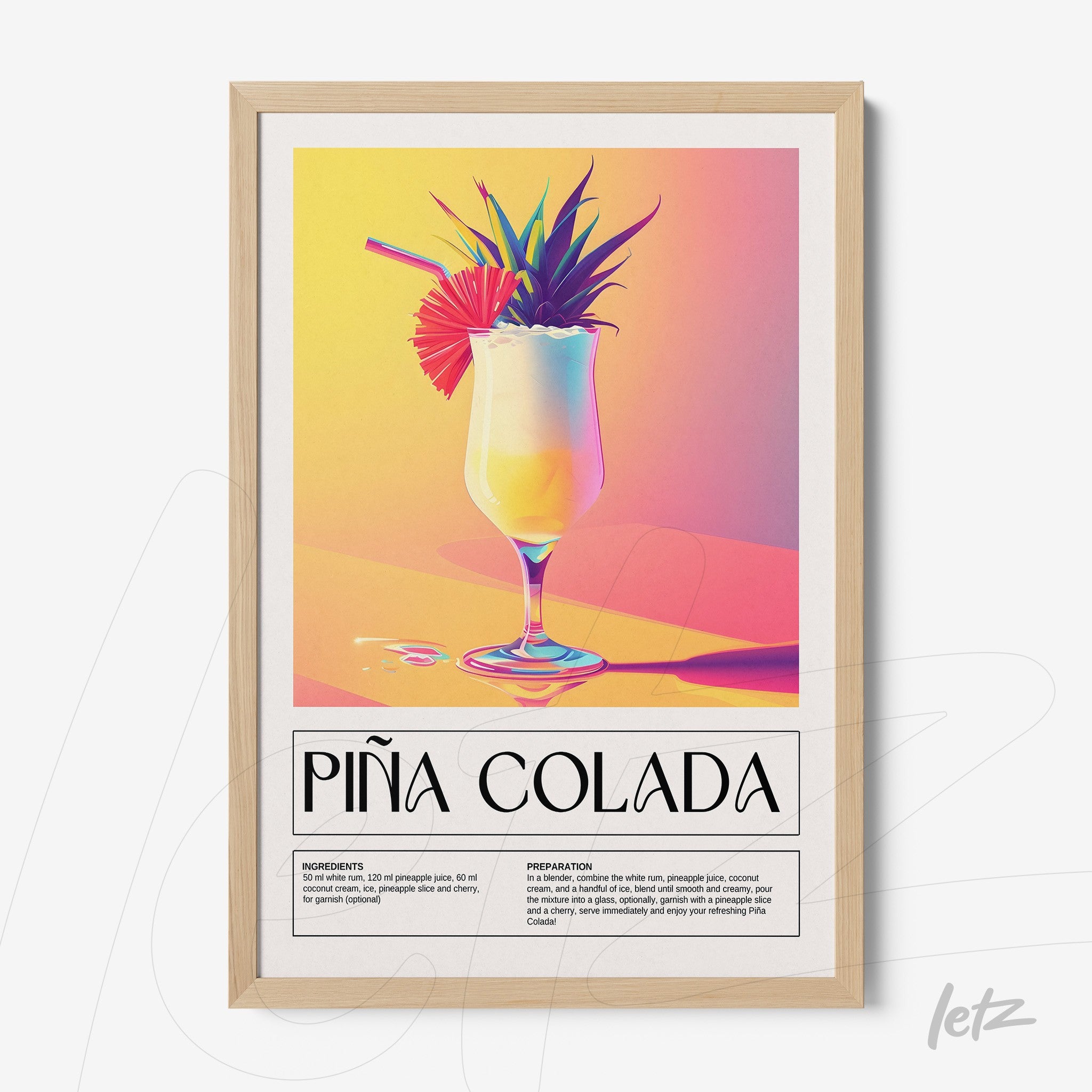 quadro com arte digital de piña colada com fundo colorido em moldura clara