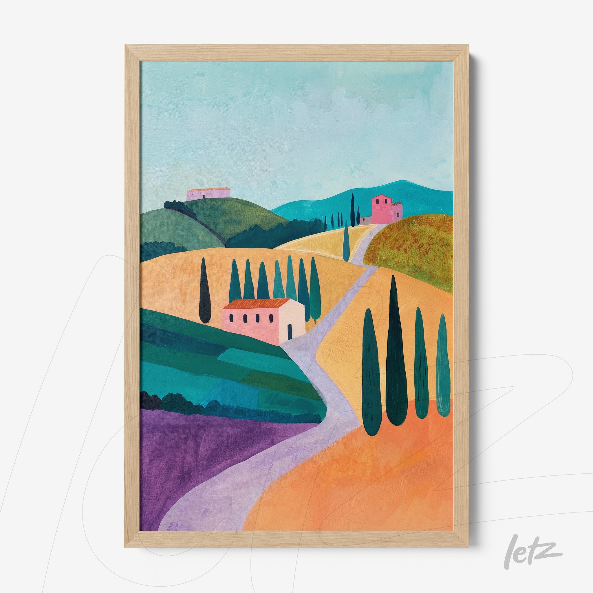 quadro com arte digital de paisagem toscana, com colinas verdes, casas em tons de rosa e uma estrada sinuosa, moldura de madeira clara