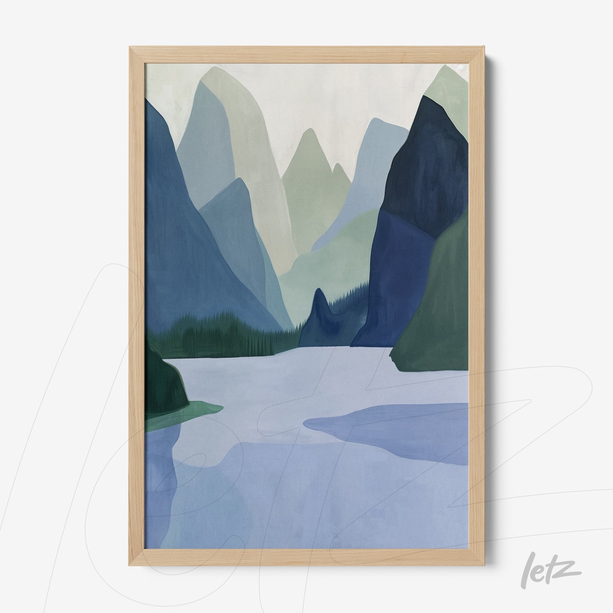 quadro com paisagem montanhosa em tons de azul e verde, com moldura natural de madeira clara