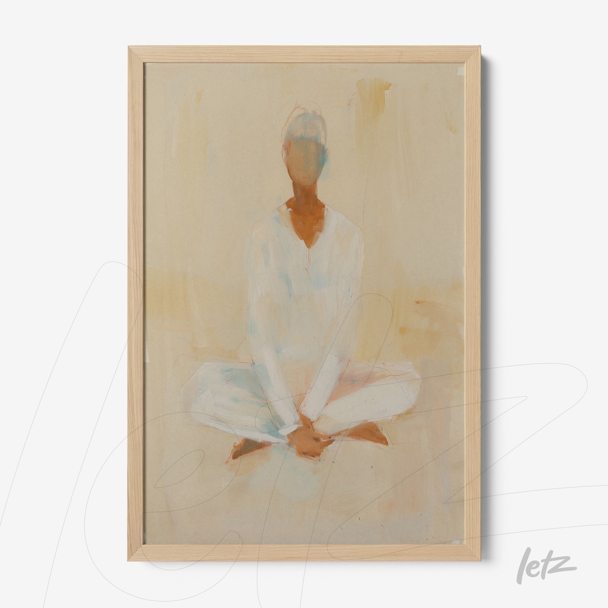 quadro com arte abstrata de figura humana sentada em posição de meditação com fundo neutro em moldura clara