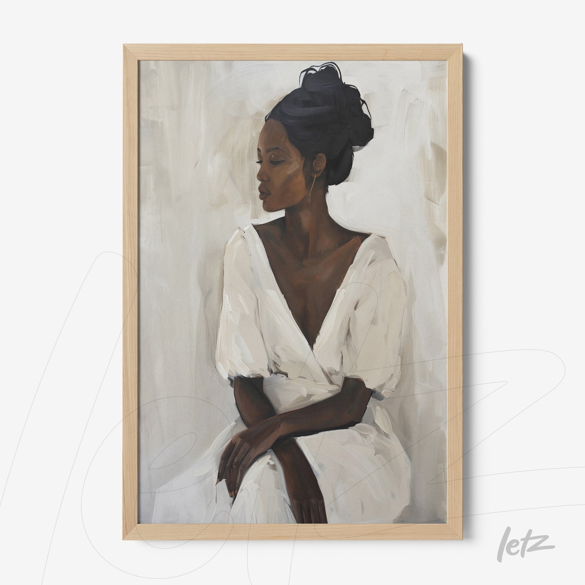 quadro com retrato de mulher negra em vestido branco, moldura de madeira clara